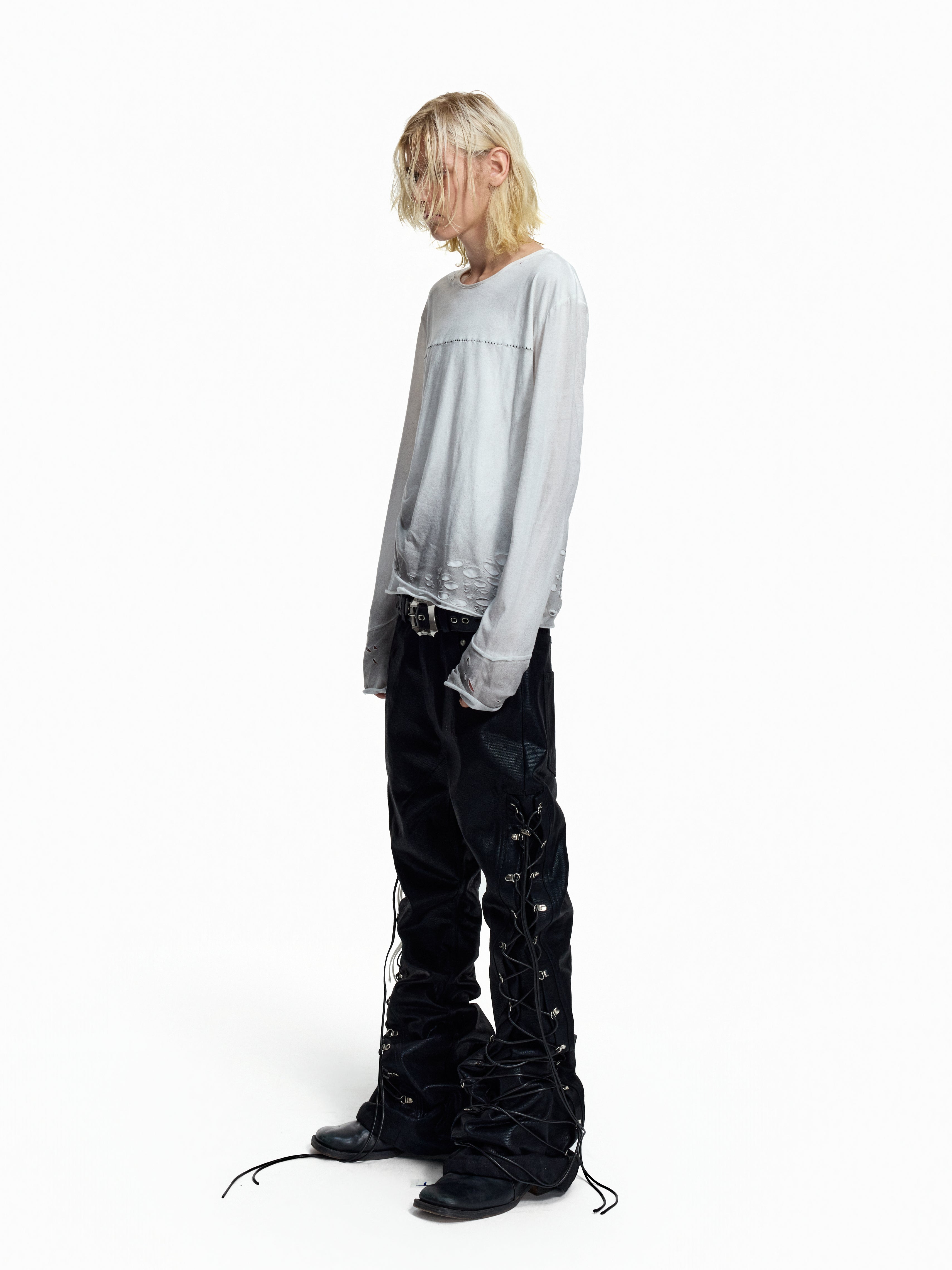 FLYERRER Wax‑Cord Strap Boot‑Cut Faux‑Leather Pants FR374