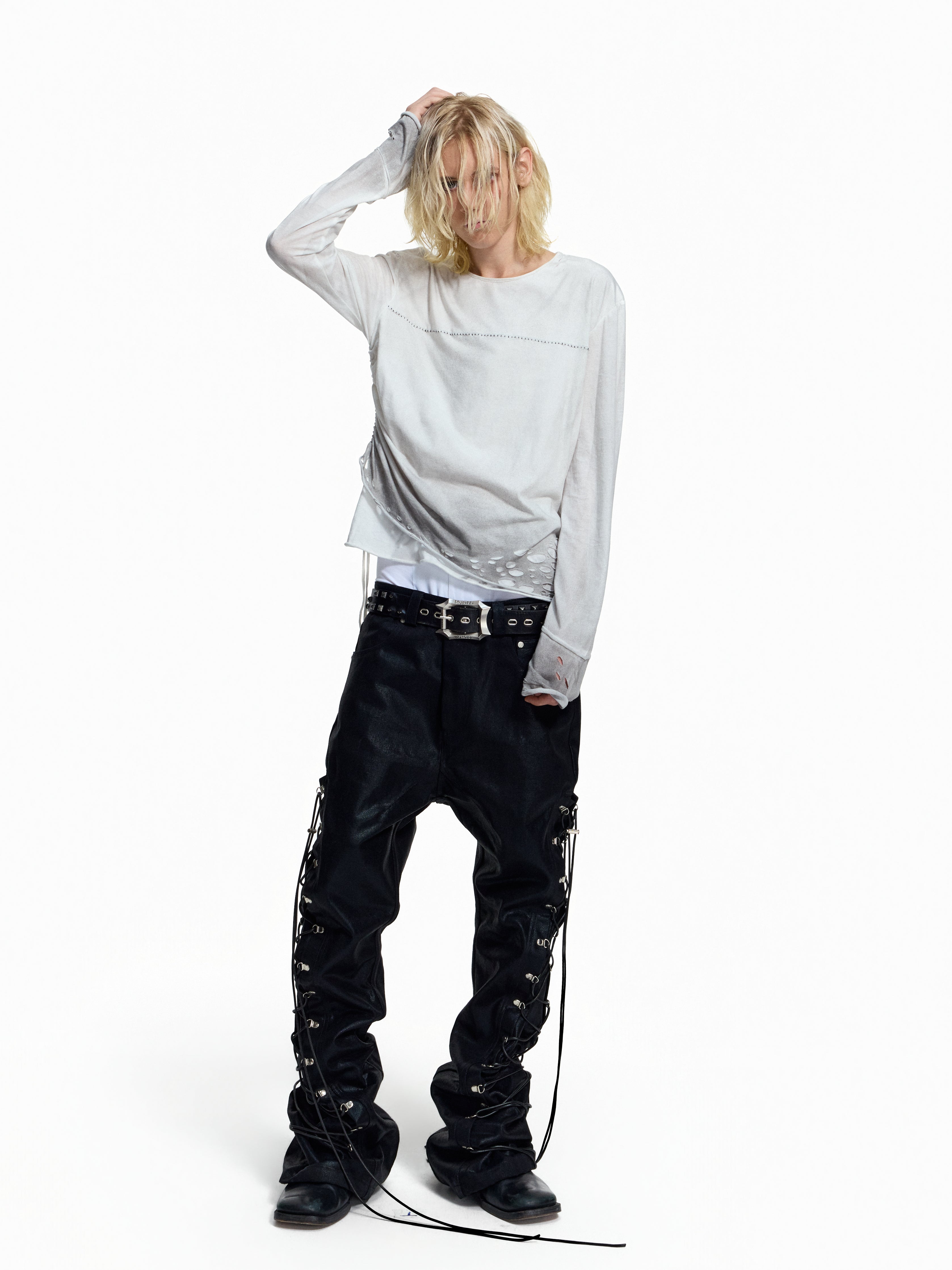 Flyerrer Distressed Ribbon Gradient Spray‑Paint Long‑Sleeve Top FR371
