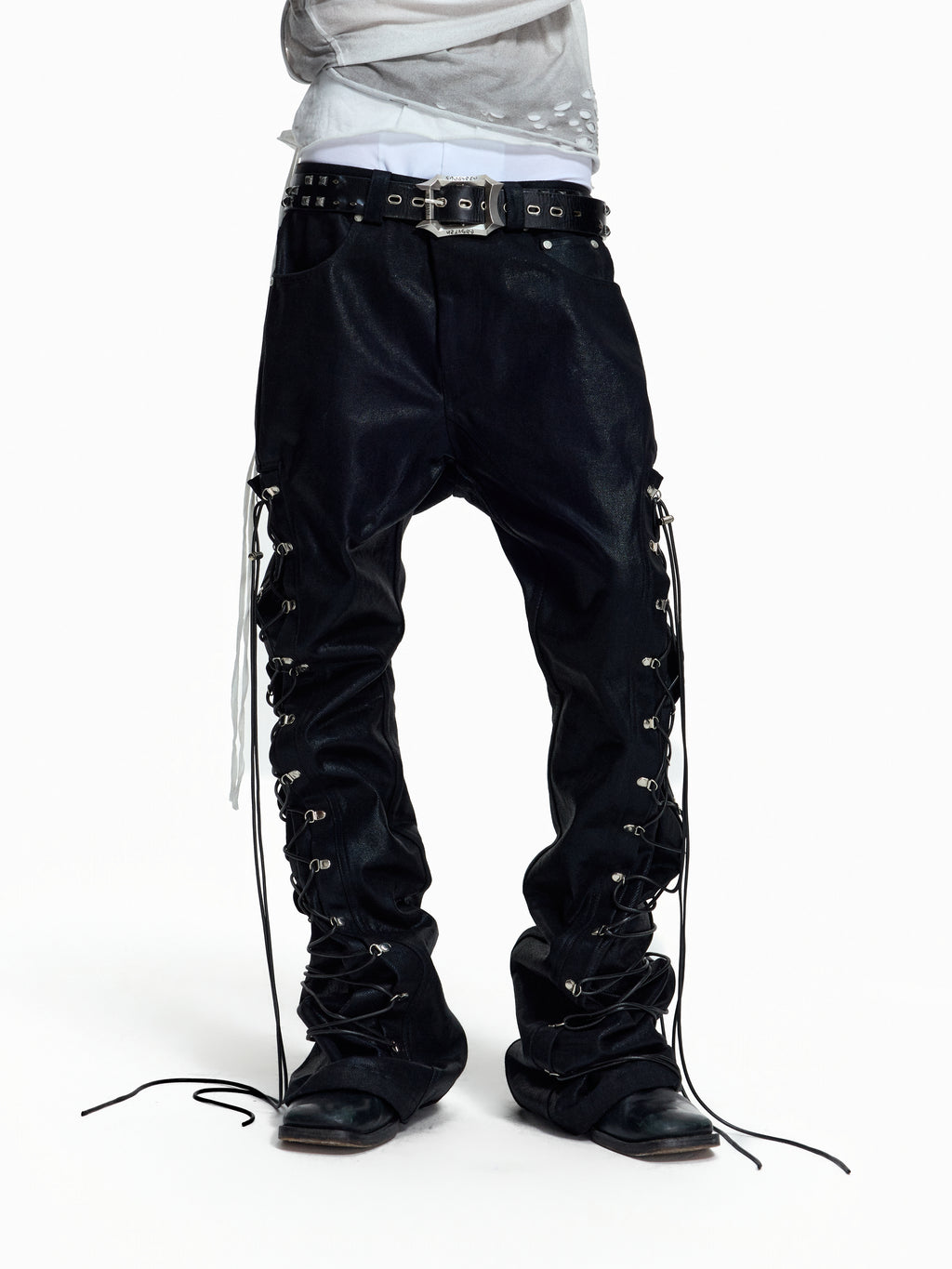 FLYERRER Wax‑Cord Strap Boot‑Cut Faux‑Leather Pants FR374