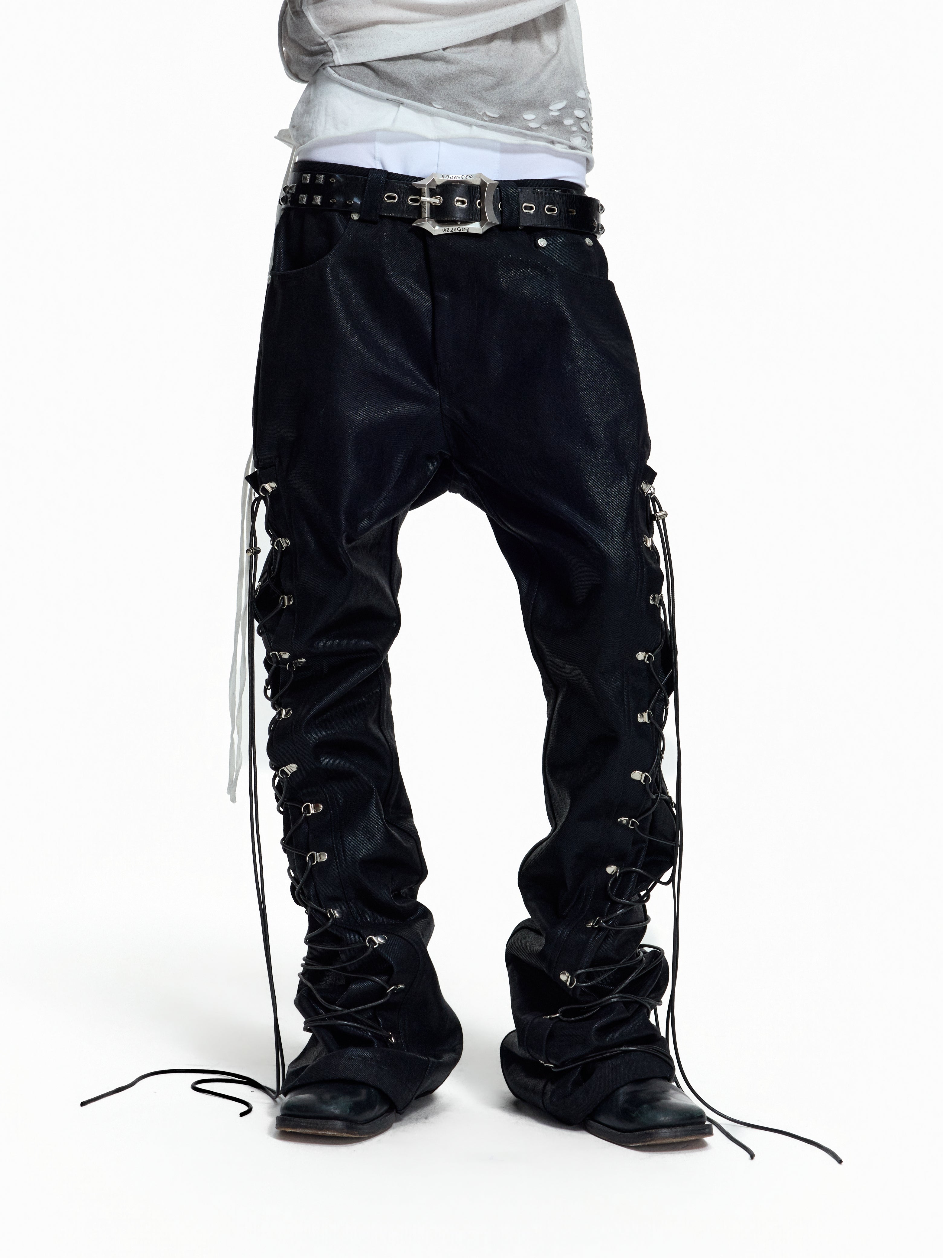 FLYERRER Wax‑Cord Strap Boot‑Cut Faux‑Leather Pants FR374