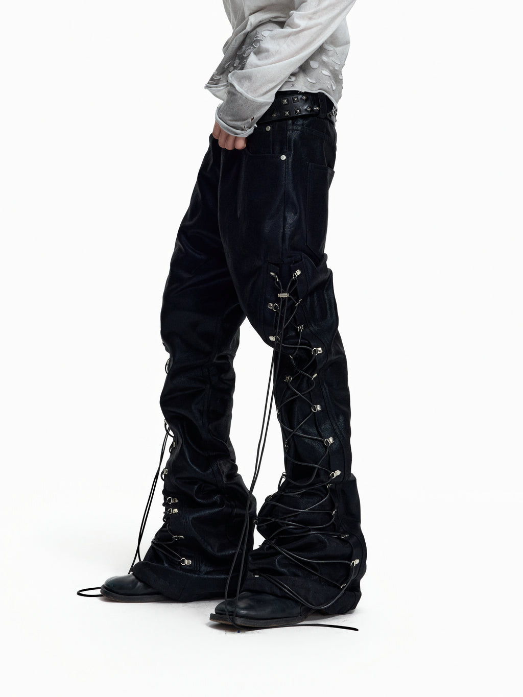 FLYERRER Wax‑Cord Strap Boot‑Cut Faux‑Leather Pants FR374