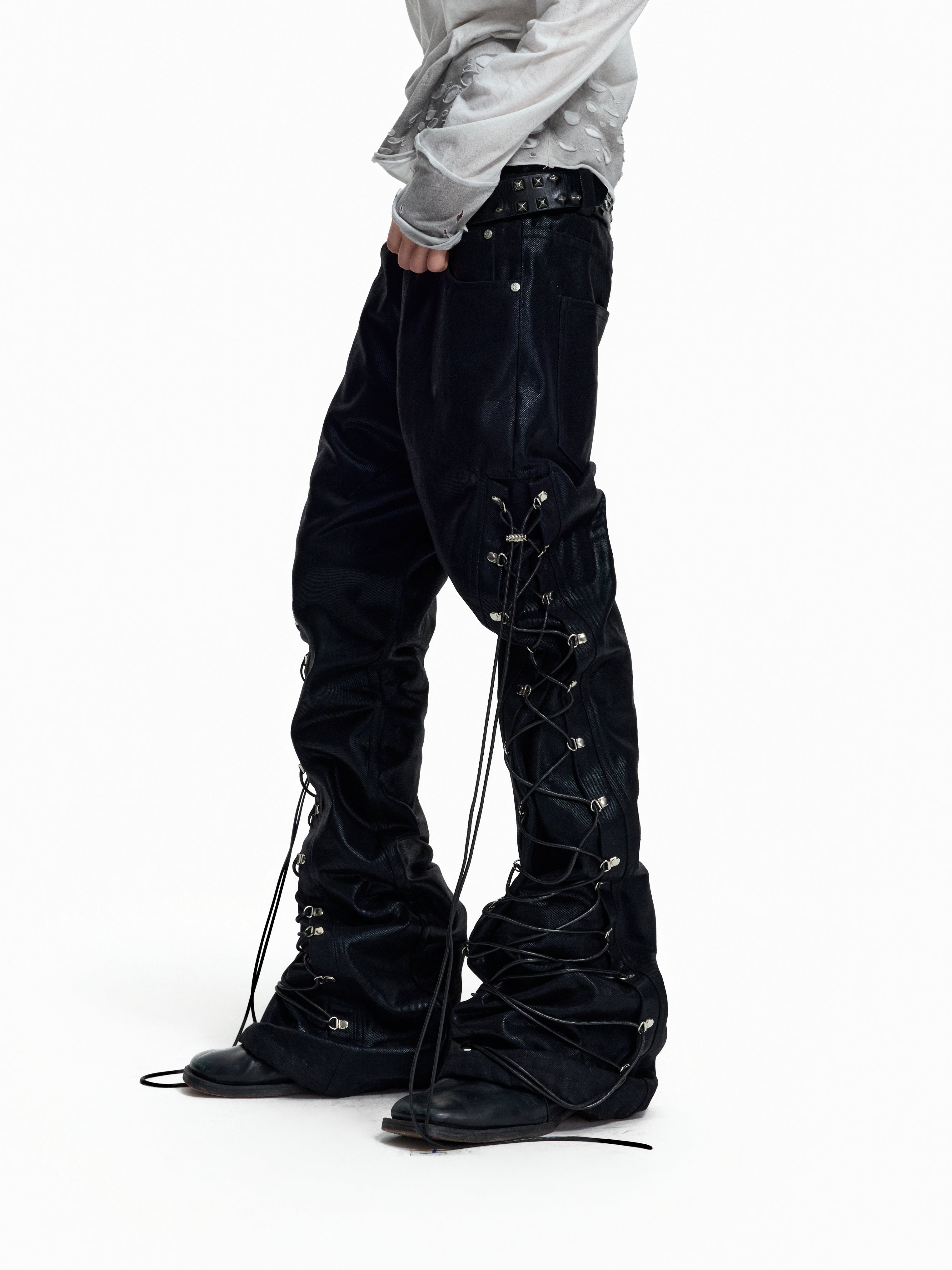 FLYERRER Wax‑Cord Strap Boot‑Cut Faux‑Leather Pants FR374