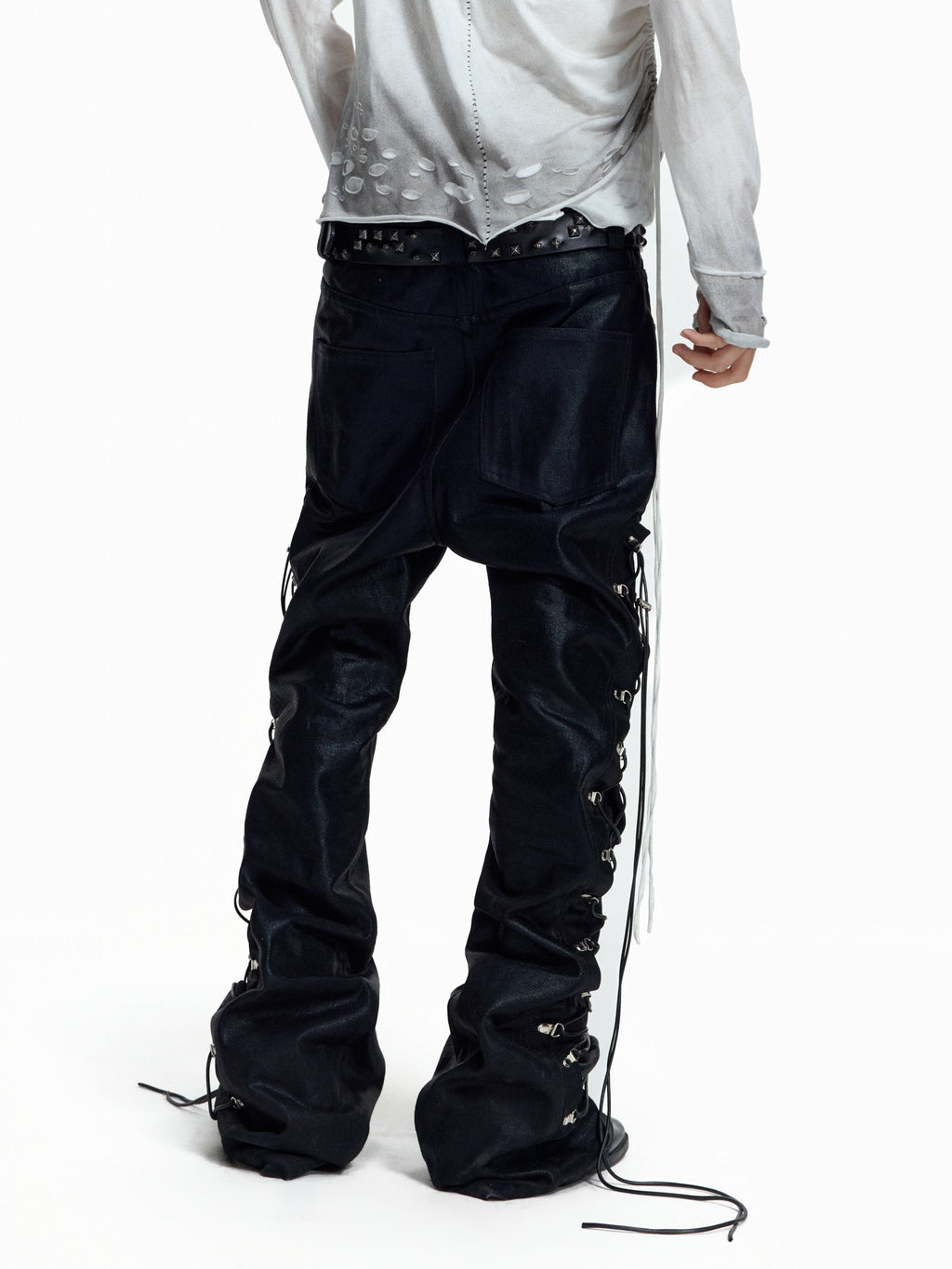 FLYERRER Wax‑Cord Strap Boot‑Cut Faux‑Leather Pants FR374