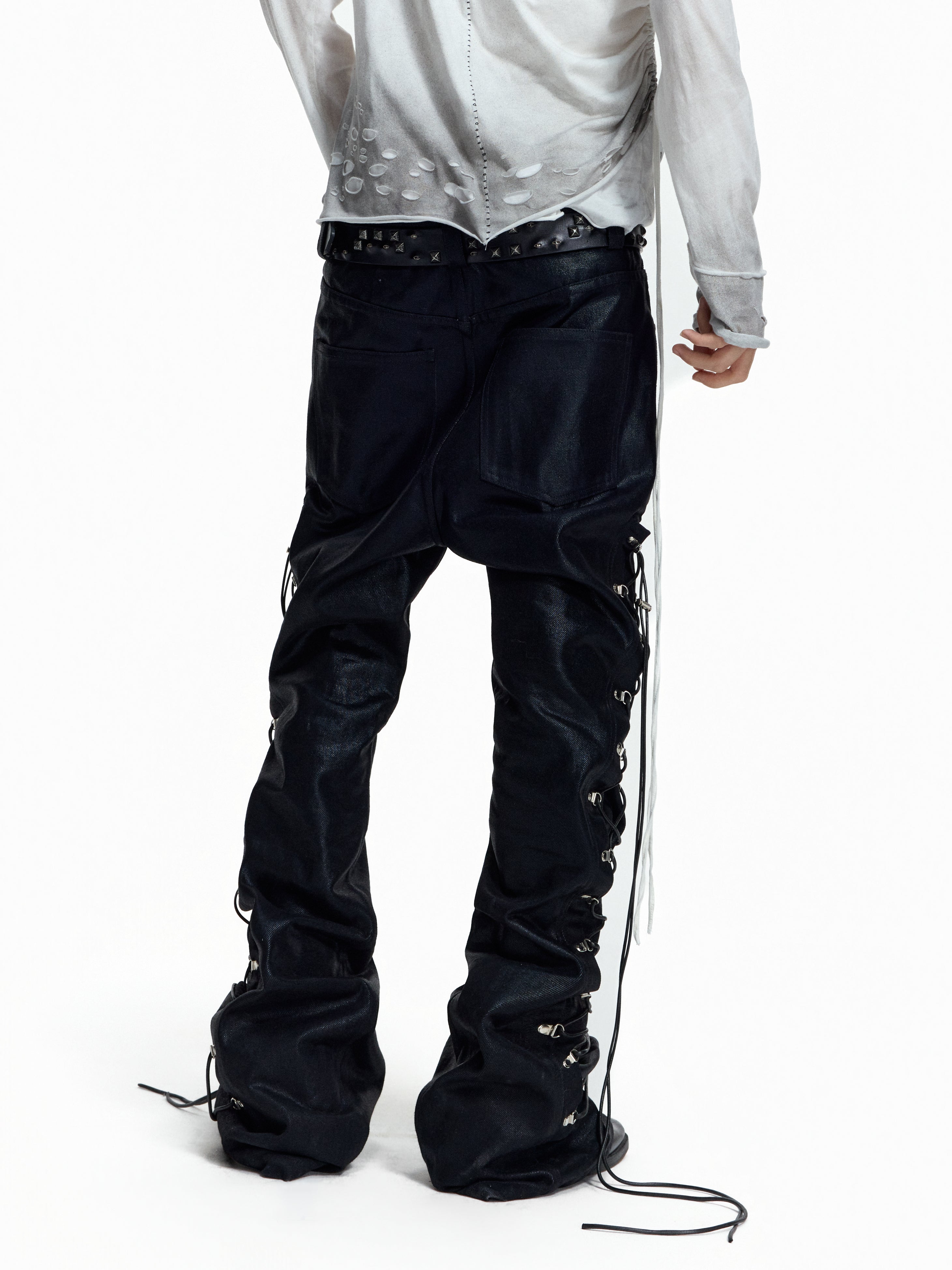 FLYERRER Wax‑Cord Strap Boot‑Cut Faux‑Leather Pants FR374