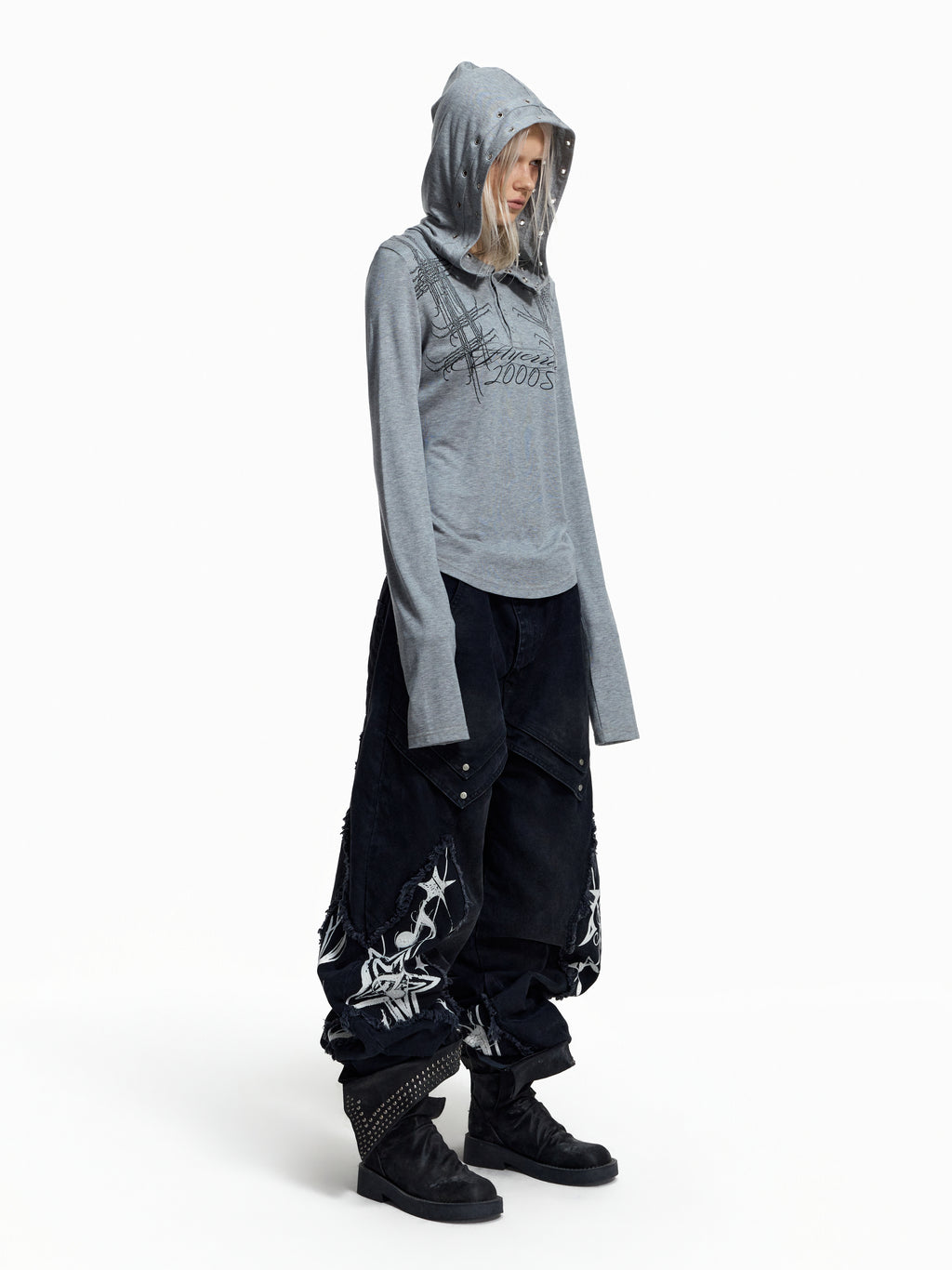 Flyerrer Punk Y2K Eyelet Hooded Henley Wool Base‑Layer Top FR381
