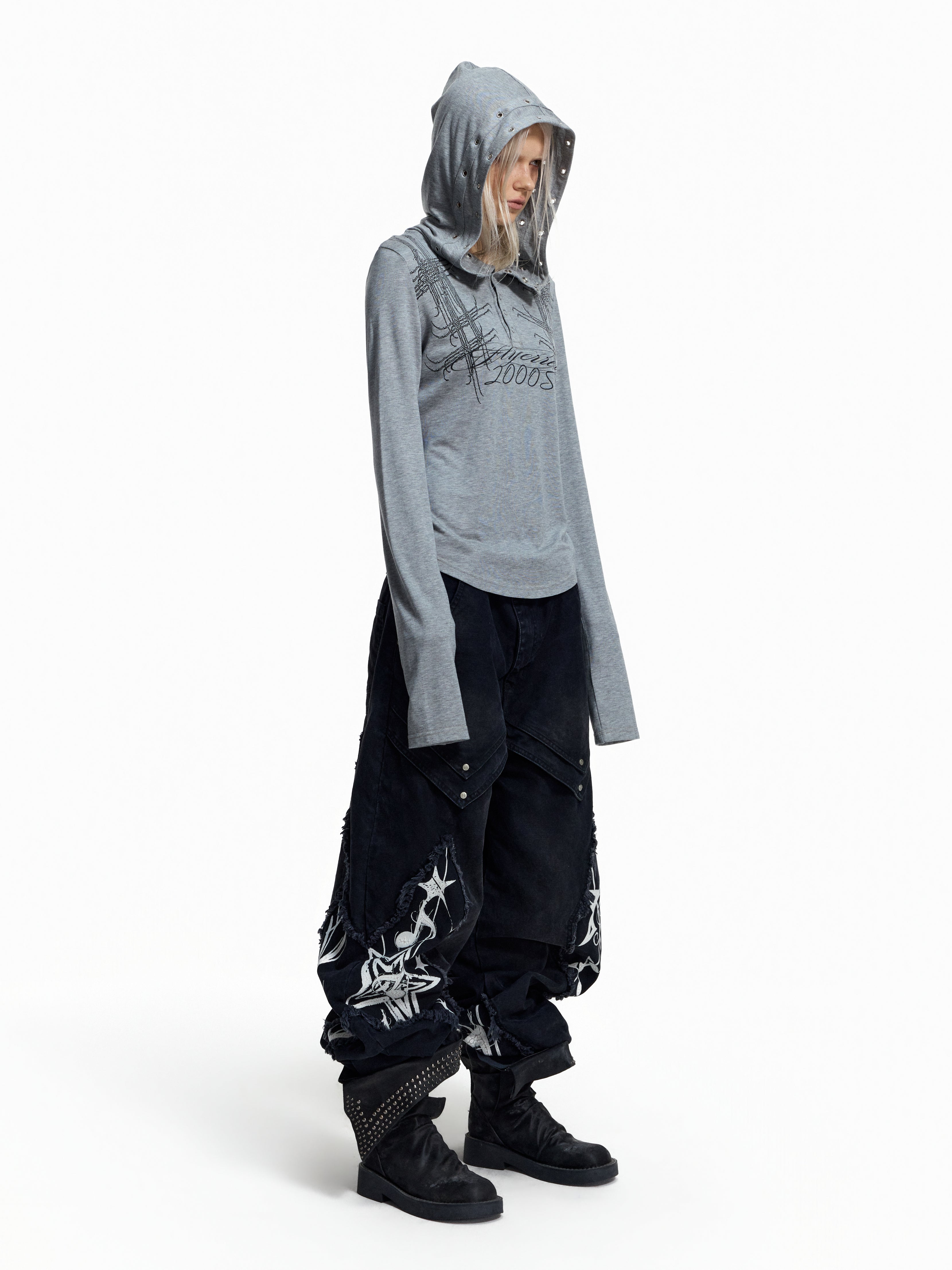Flyerrer Punk Y2K Eyelet Hooded Henley Wool Base‑Layer Top FR381