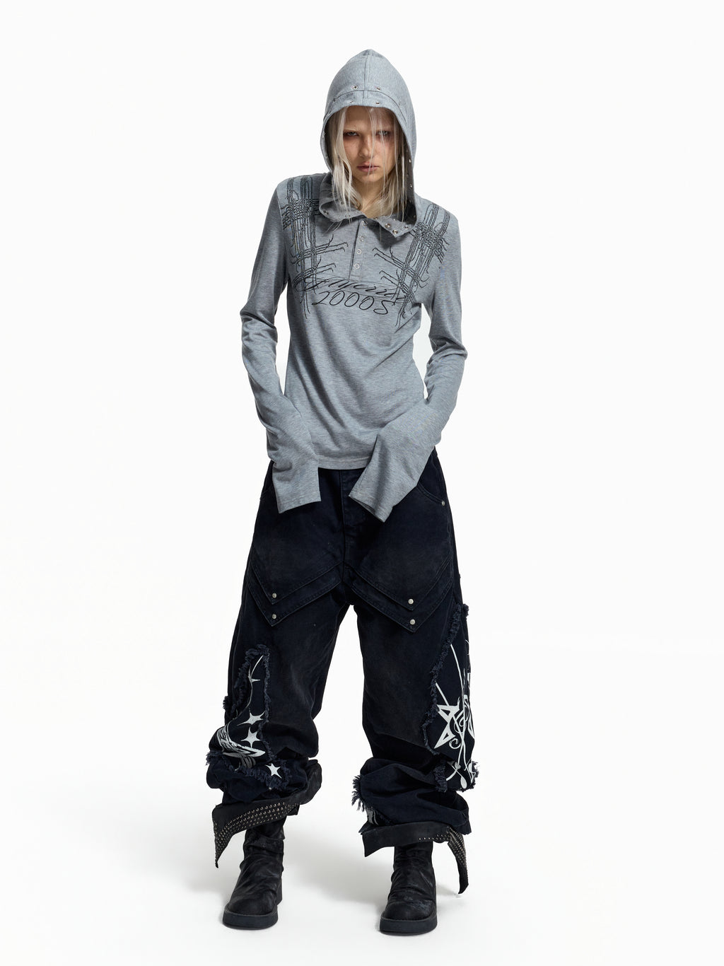 Flyerrer Punk Y2K Eyelet Hooded Henley Wool Base‑Layer Top FR381