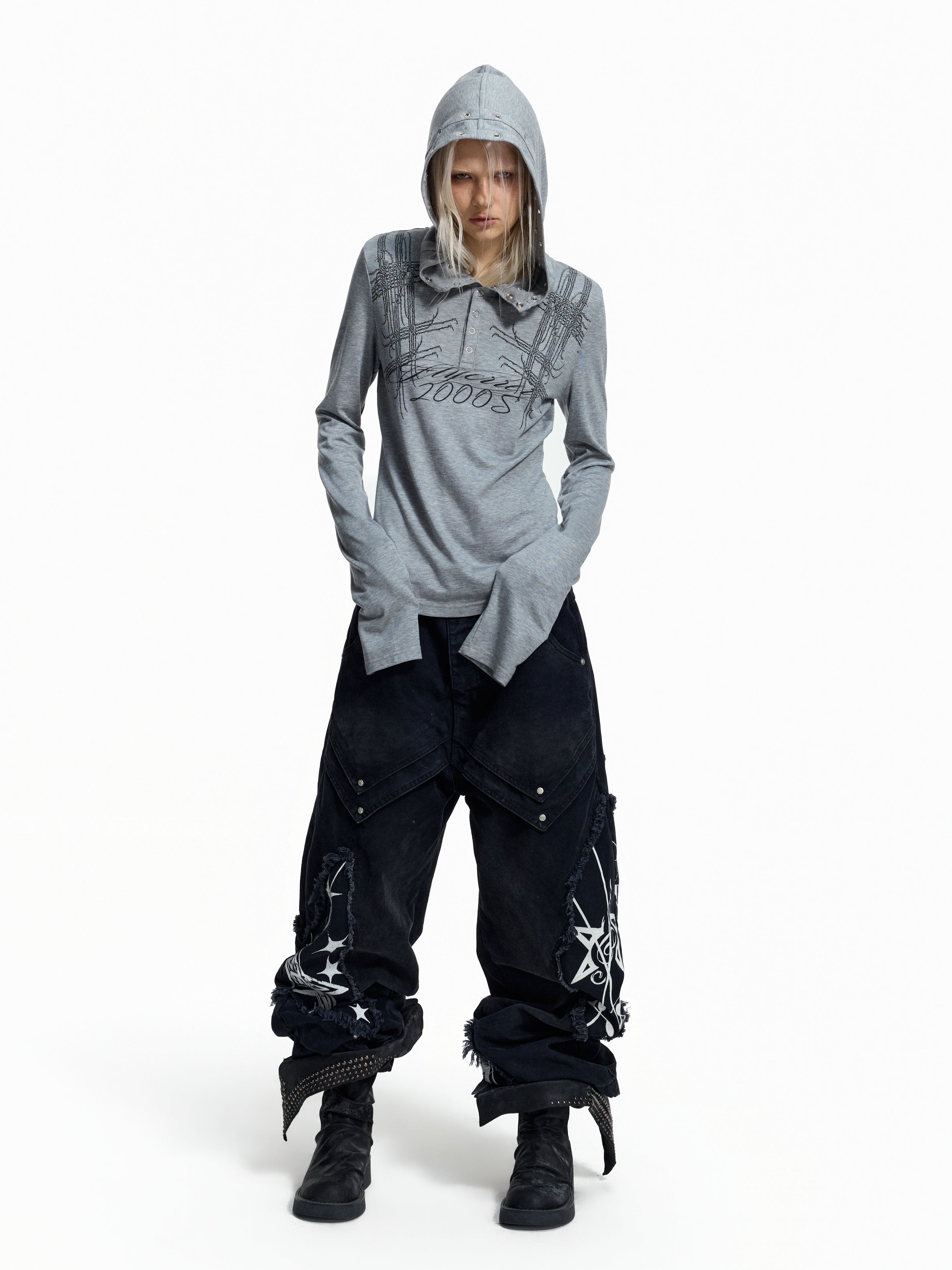 Flyerrer Punk Y2K Eyelet Hooded Henley Wool Base‑Layer Top FR381