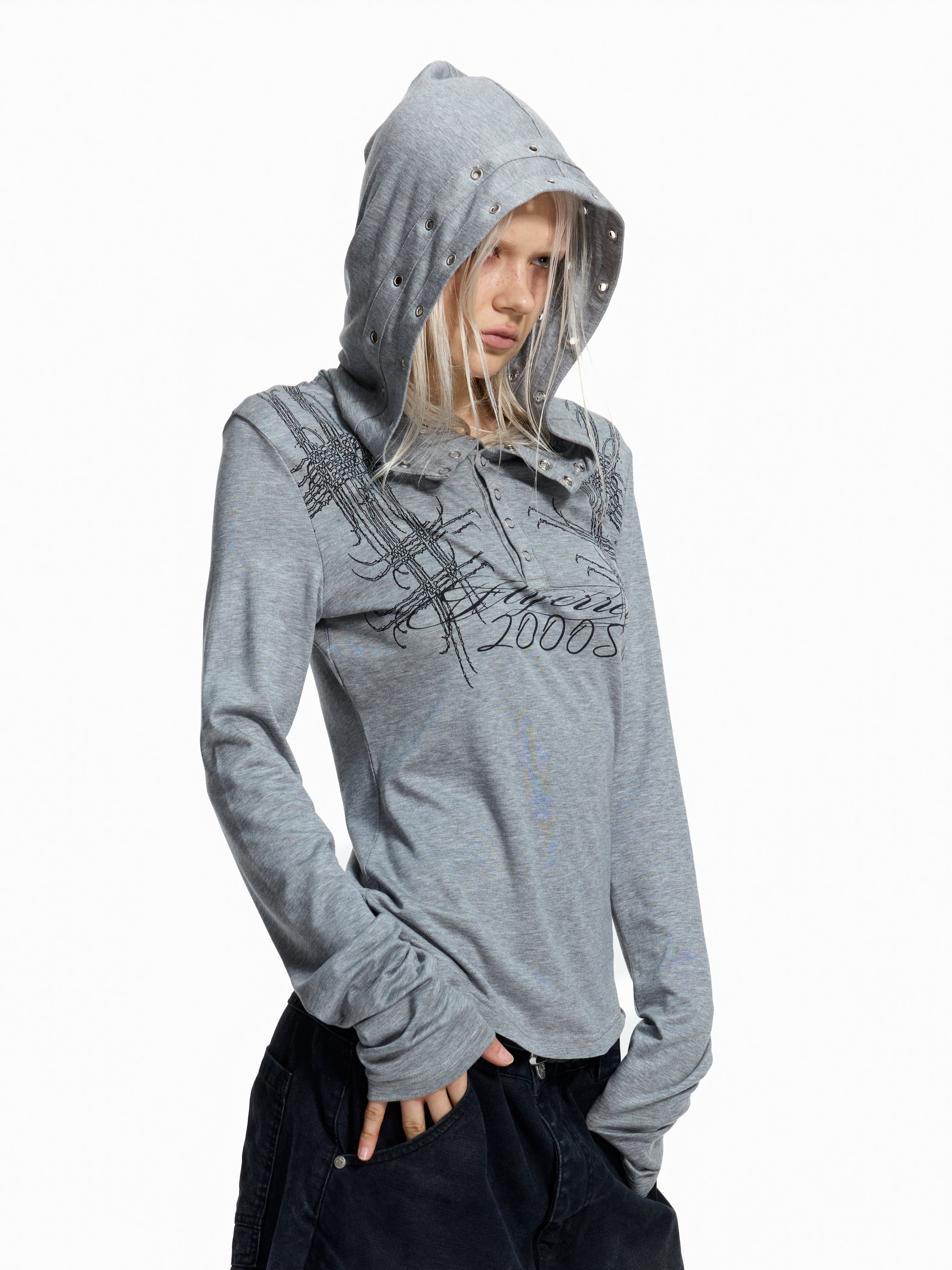 Flyerrer Punk Y2K Eyelet Hooded Henley Wool Base‑Layer Top FR381