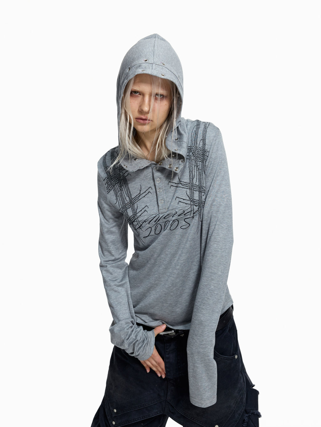 Flyerrer Punk Y2K Eyelet Hooded Henley Wool Base‑Layer Top FR381