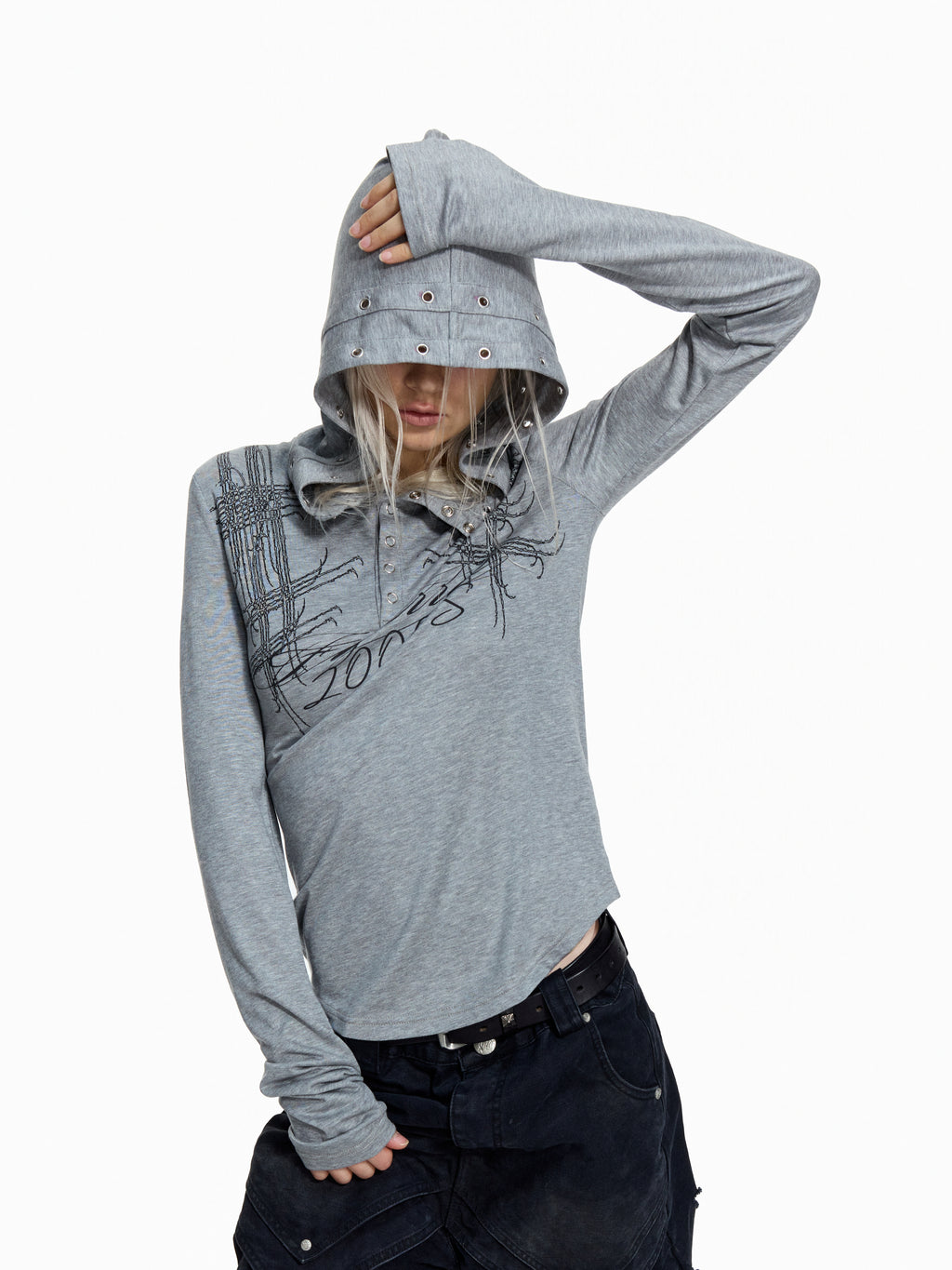 Flyerrer Punk Y2K Eyelet Hooded Henley Wool Base‑Layer Top FR381