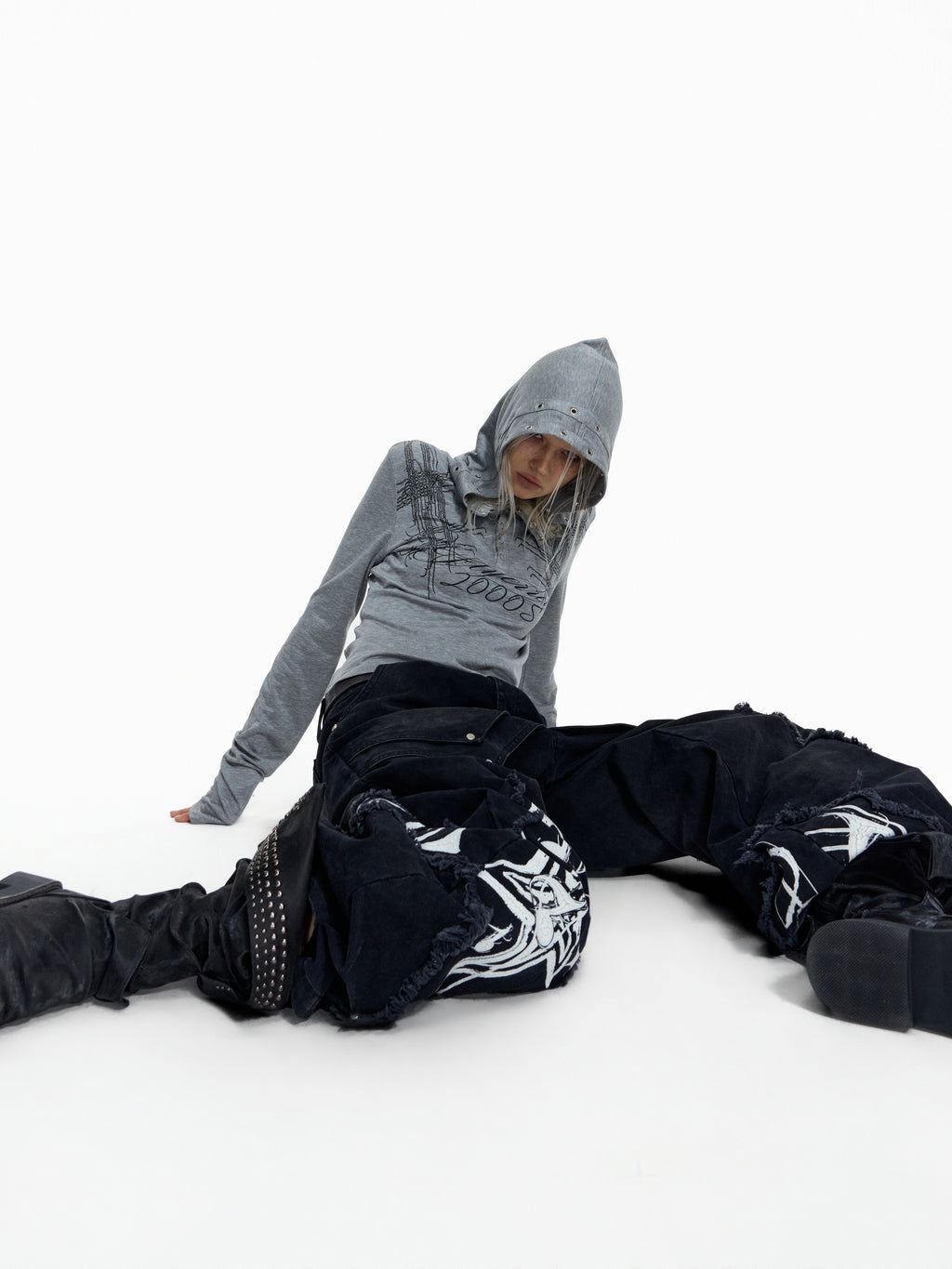 Flyerrer Punk Y2K Eyelet Hooded Henley Wool Base‑Layer Top FR381