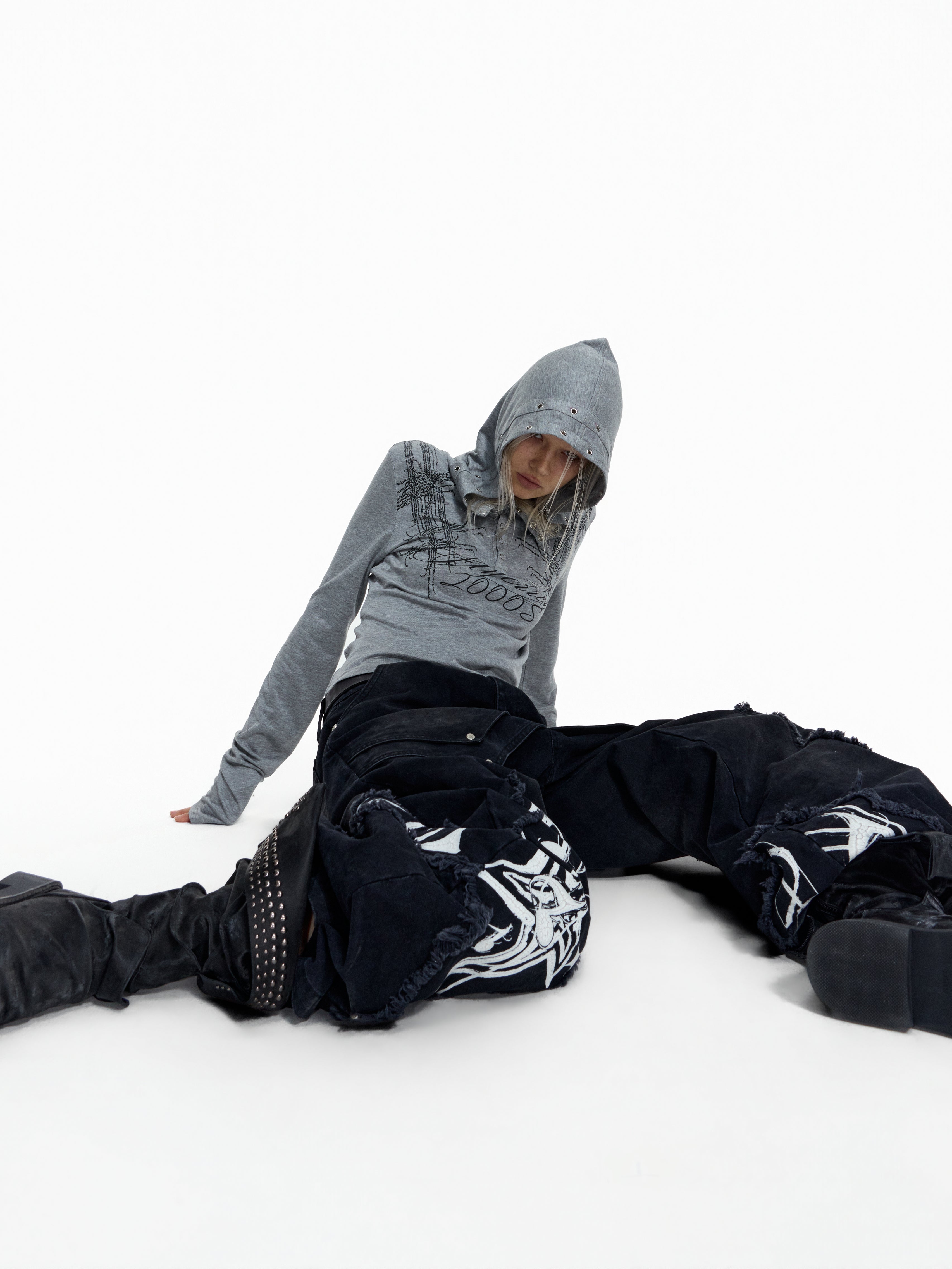 Flyerrer Punk Y2K Eyelet Hooded Henley Wool Base‑Layer Top FR381