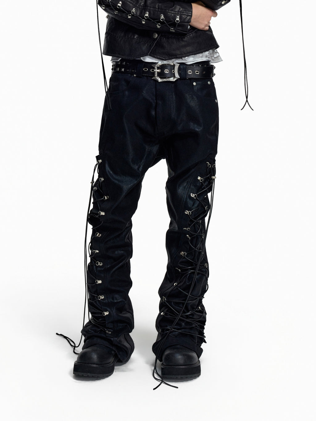 FLYERRER Wax‑Cord Strap Boot‑Cut Faux‑Leather Pants FR374