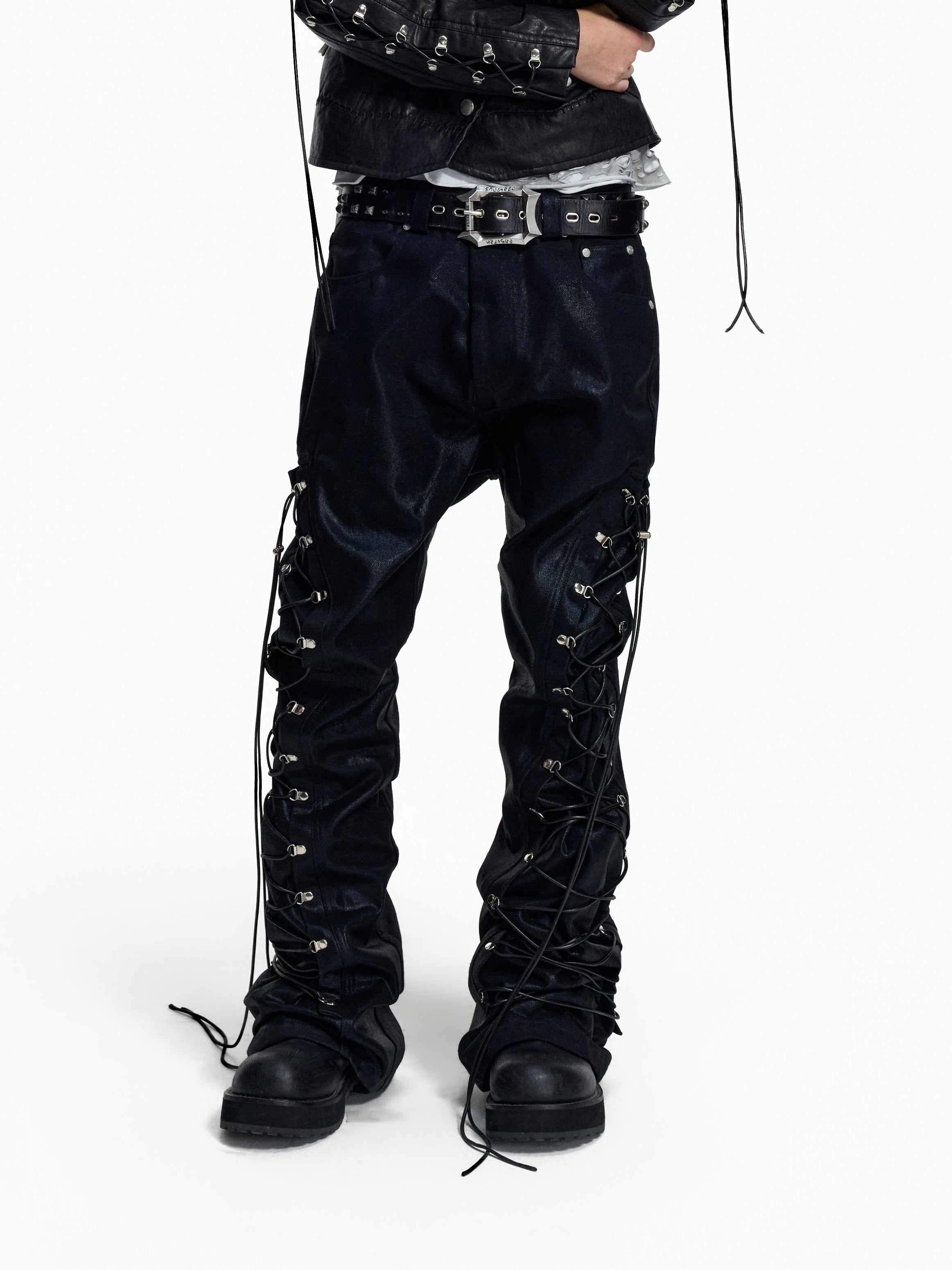 FLYERRER Wax‑Cord Strap Boot‑Cut Faux‑Leather Pants FR374