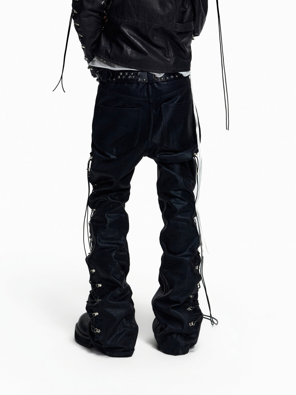 FLYERRER Wax‑Cord Strap Boot‑Cut Faux‑Leather Pants FR374