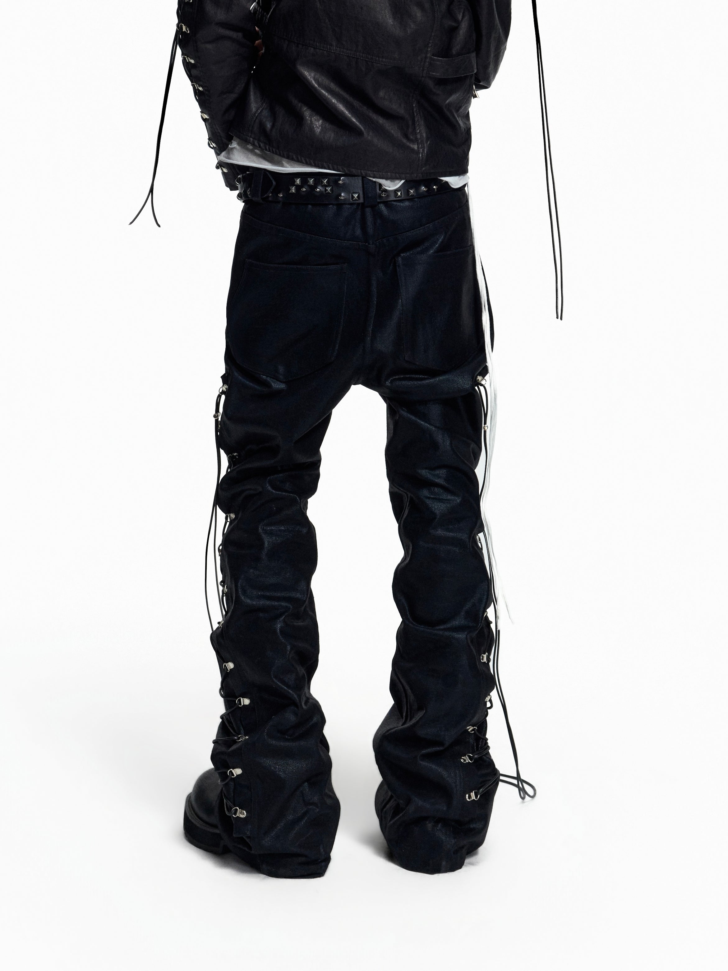 FLYERRER Wax‑Cord Strap Boot‑Cut Faux‑Leather Pants FR374