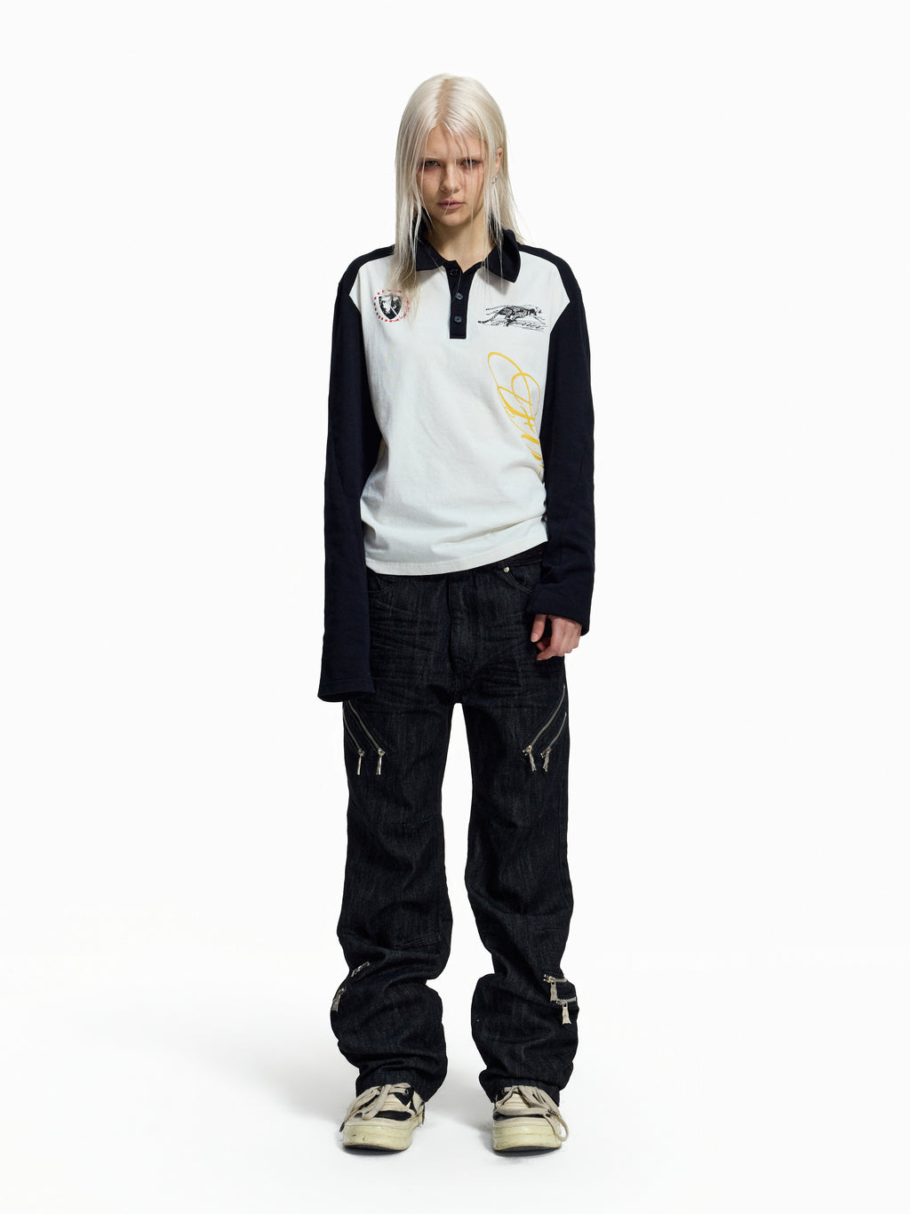 FLYERRER Deconstructed Multi‑Zipper Stud Black Jeans FR373