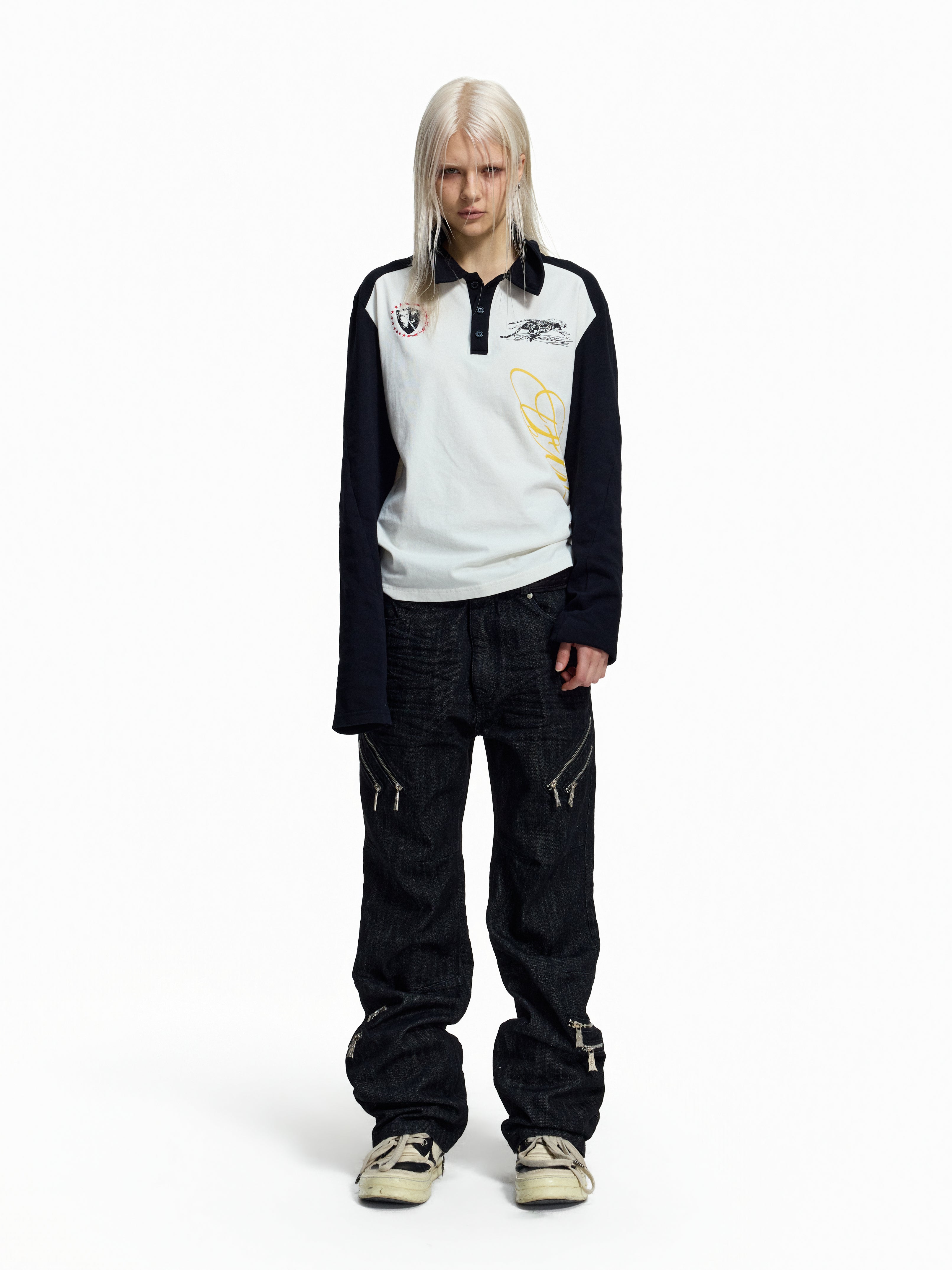 FLYERRER Deconstructed Multi‑Zipper Stud Black Jeans FR373