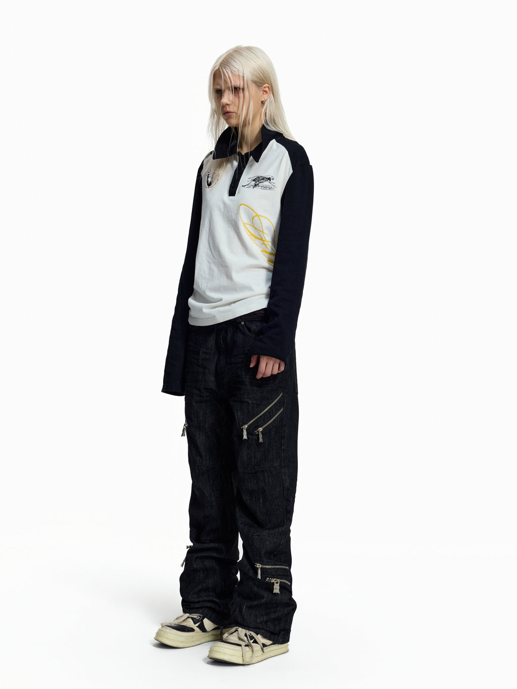 FLYERRER Deconstructed Multi‑Zipper Stud Black Jeans FR373