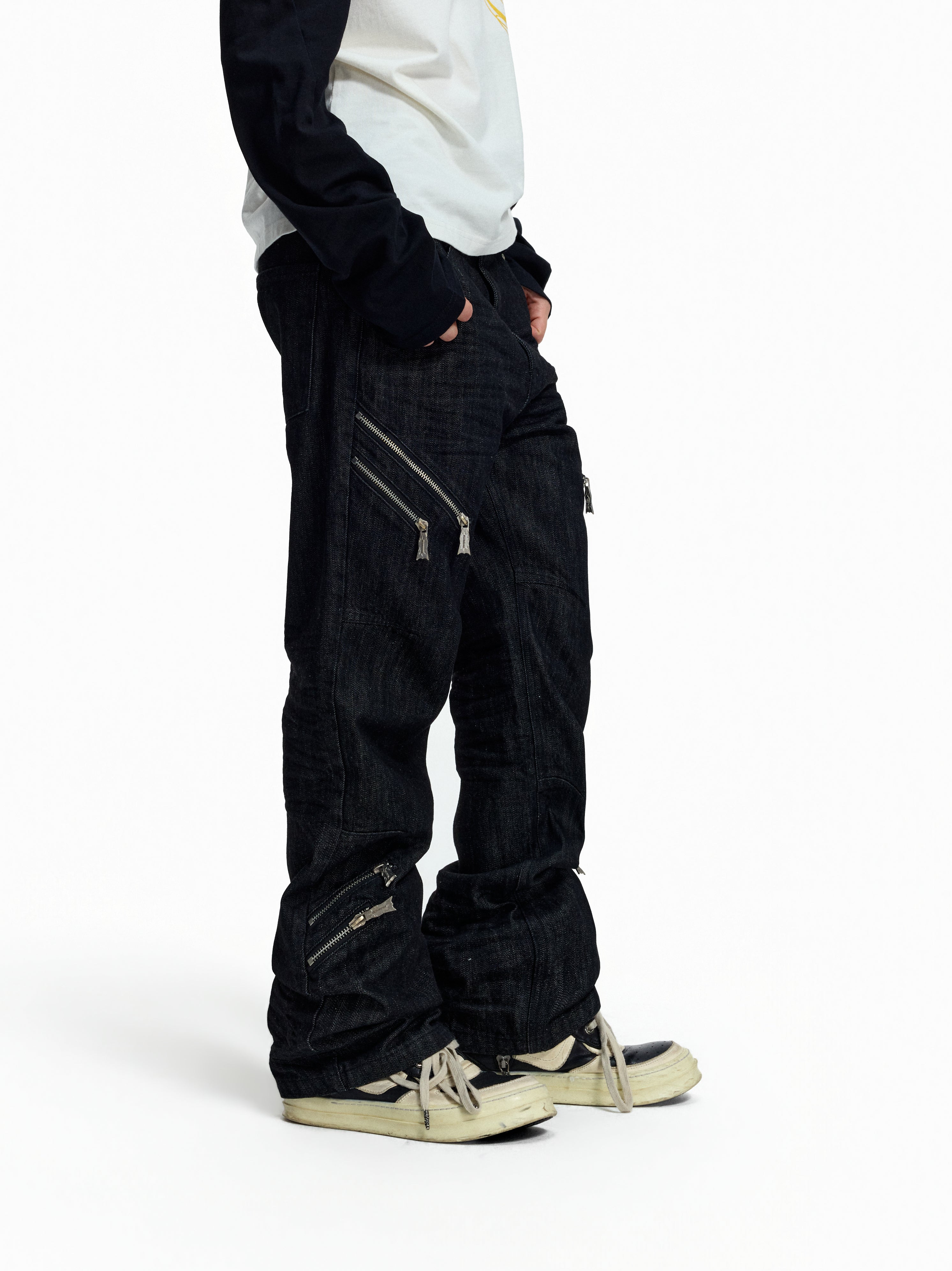 FLYERRER Deconstructed Multi‑Zipper Stud Black Jeans FR373