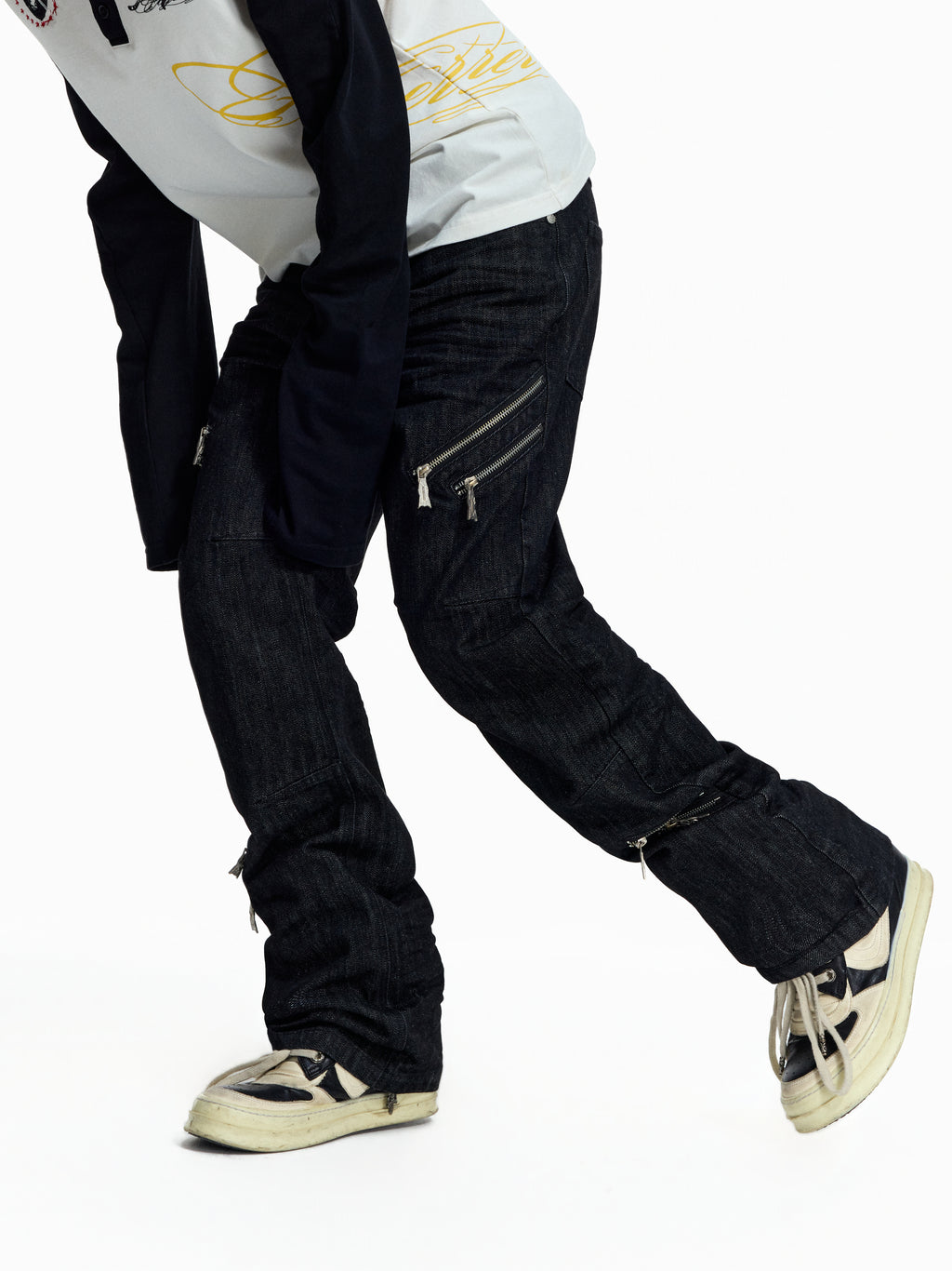FLYERRER Deconstructed Multi‑Zipper Stud Black Jeans FR373