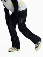 FLYERRER Deconstructed Multi‑Zipper Stud Black Jeans FR373