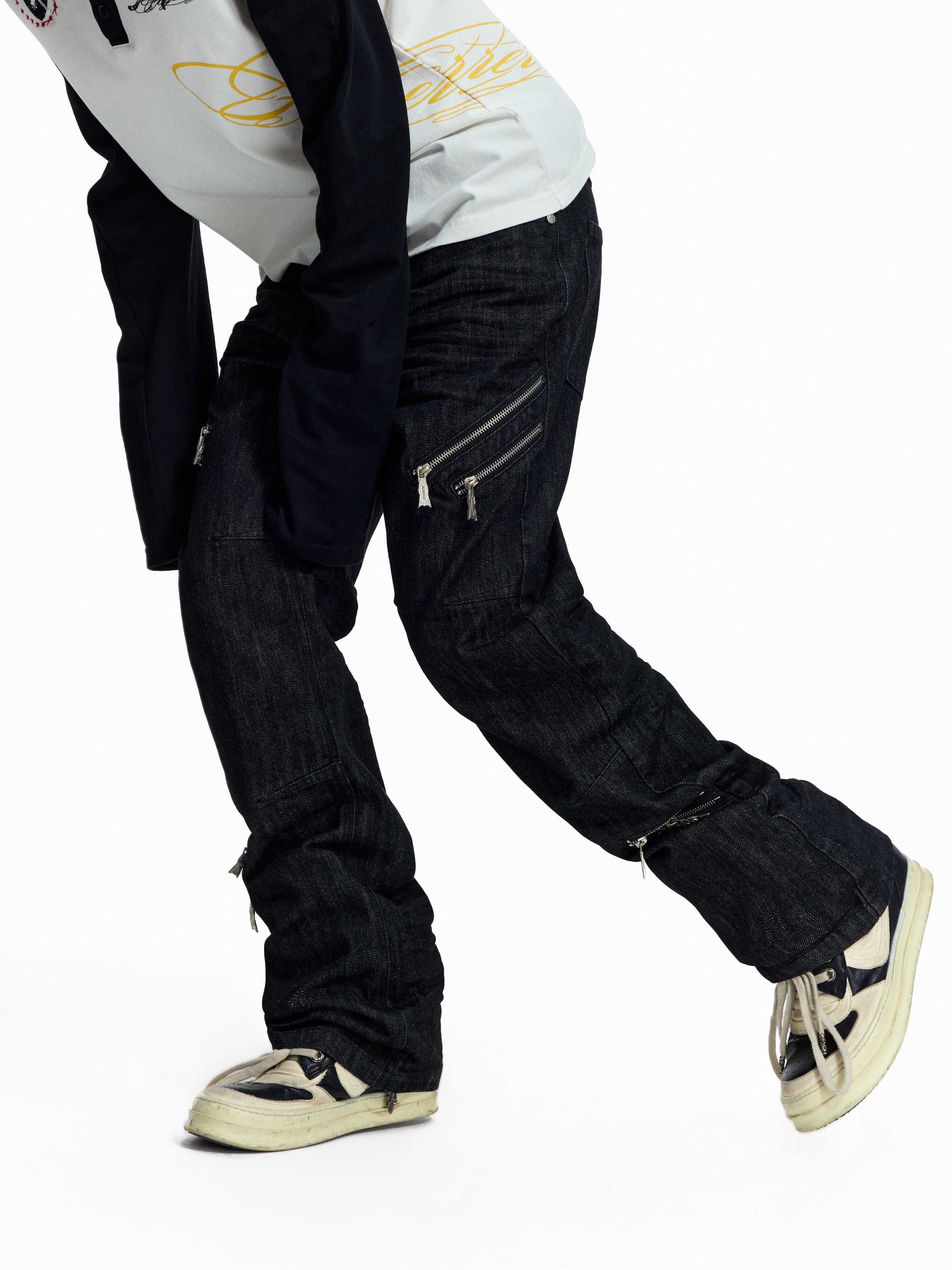 FLYERRER Deconstructed Multi‑Zipper Stud Black Jeans FR373