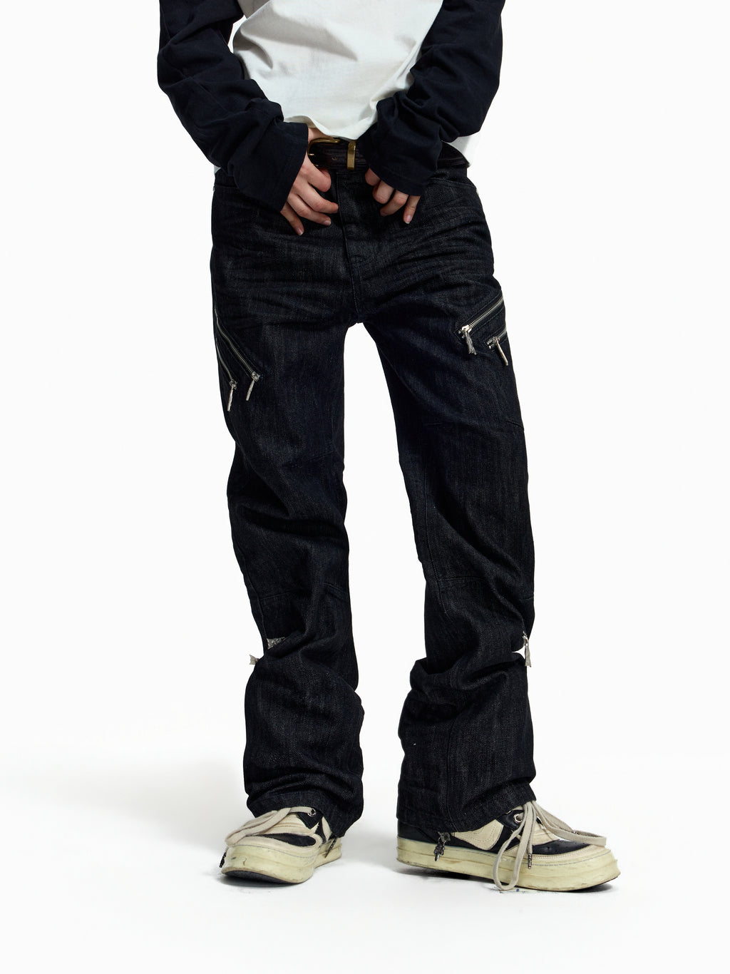 FLYERRER Deconstructed Multi‑Zipper Stud Black Jeans FR373