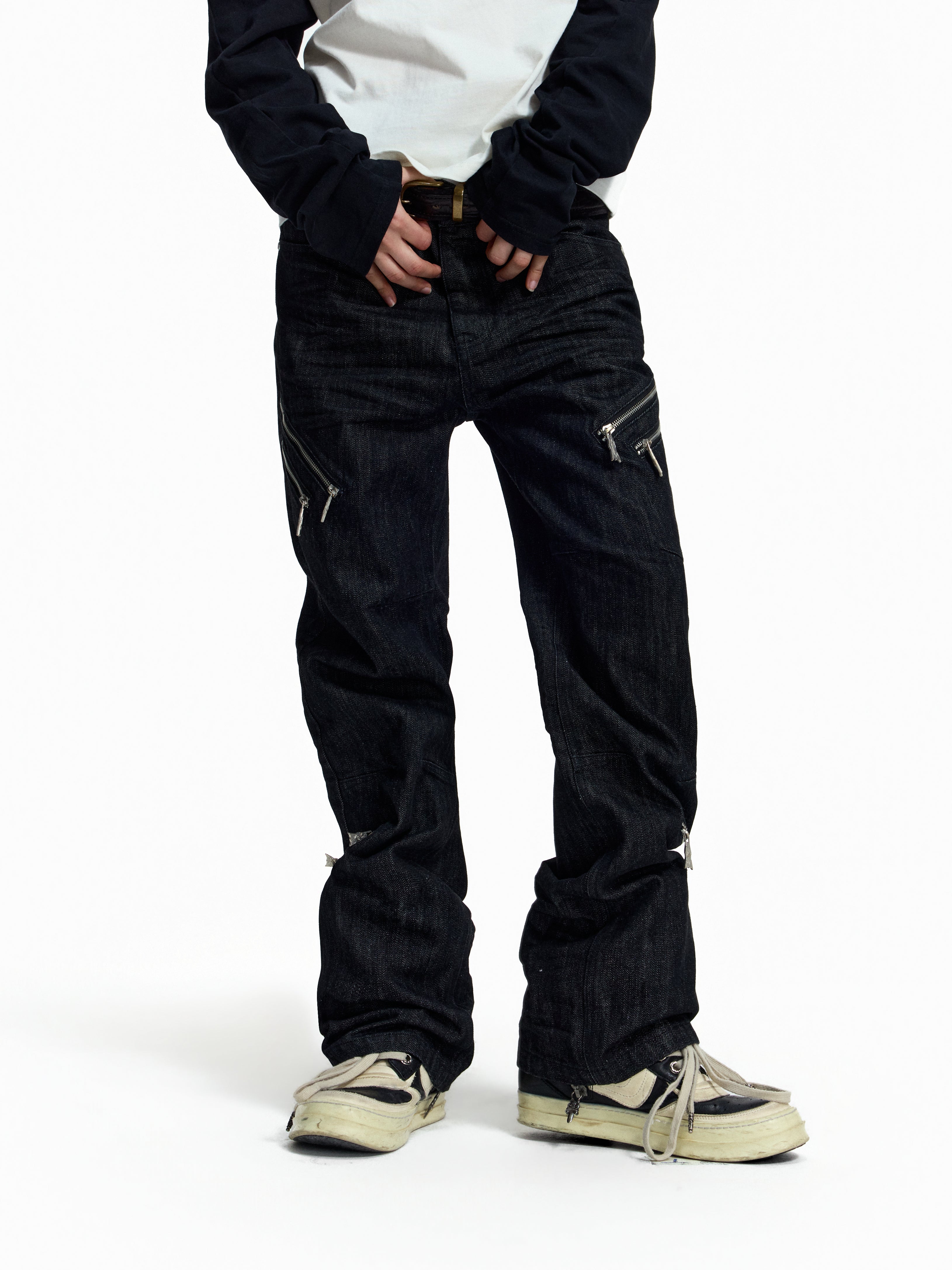 FLYERRER Deconstructed Multi‑Zipper Stud Black Jeans FR373