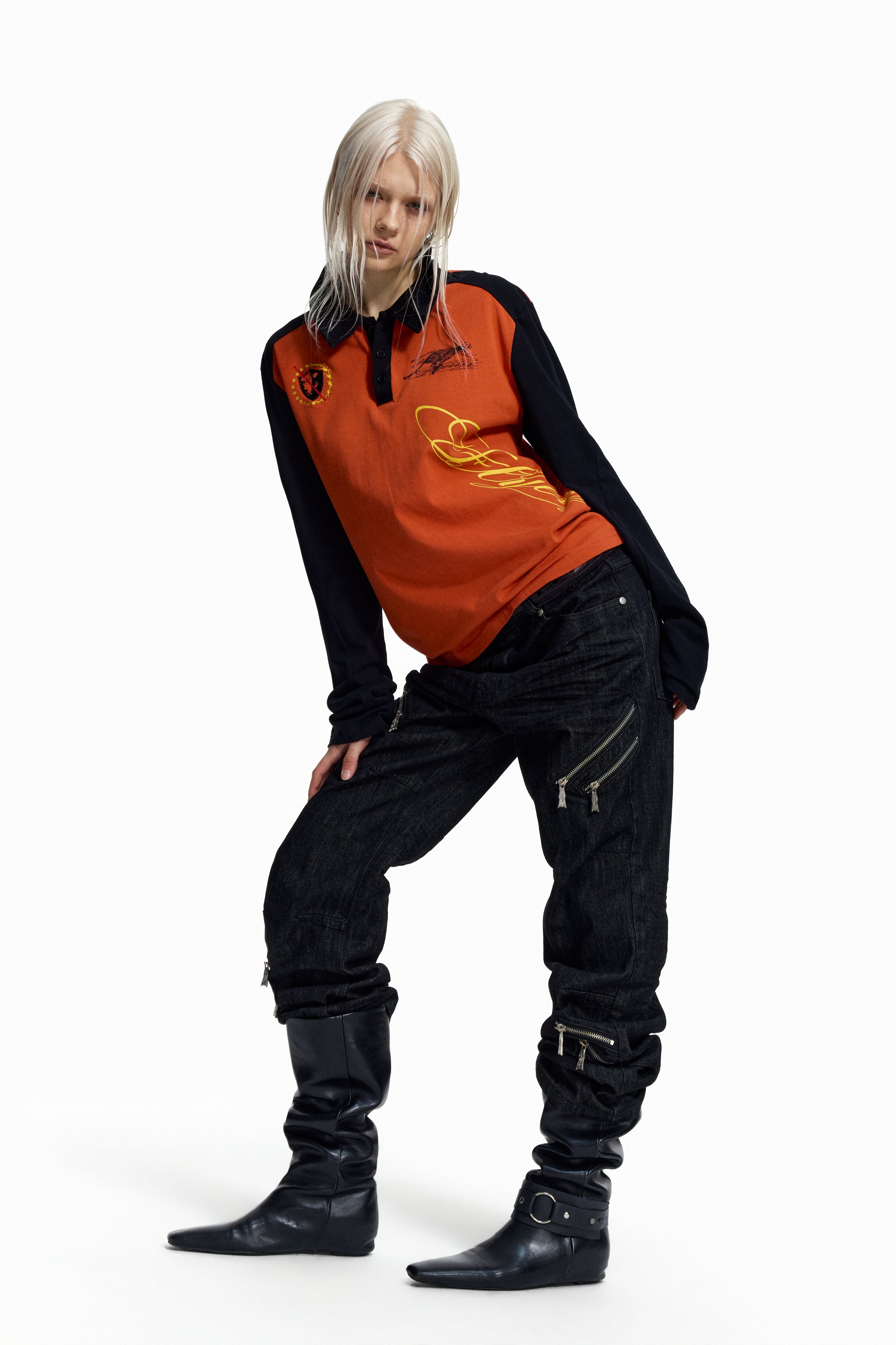 Flyerrer American‑Vintage Badge‑Print Cropped Raglan Polo FR380