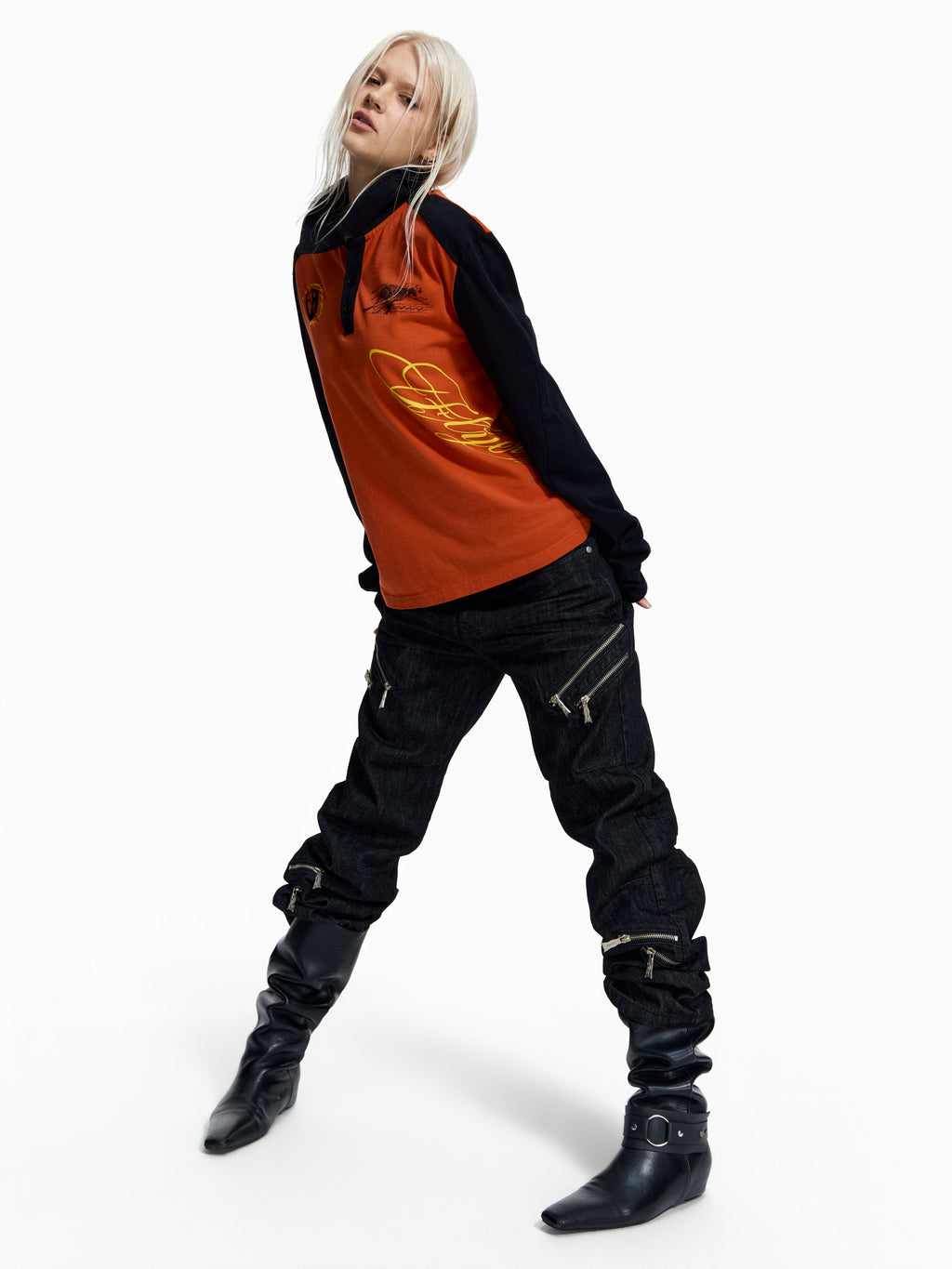 Flyerrer American‑Vintage Badge‑Print Cropped Raglan Polo FR380
