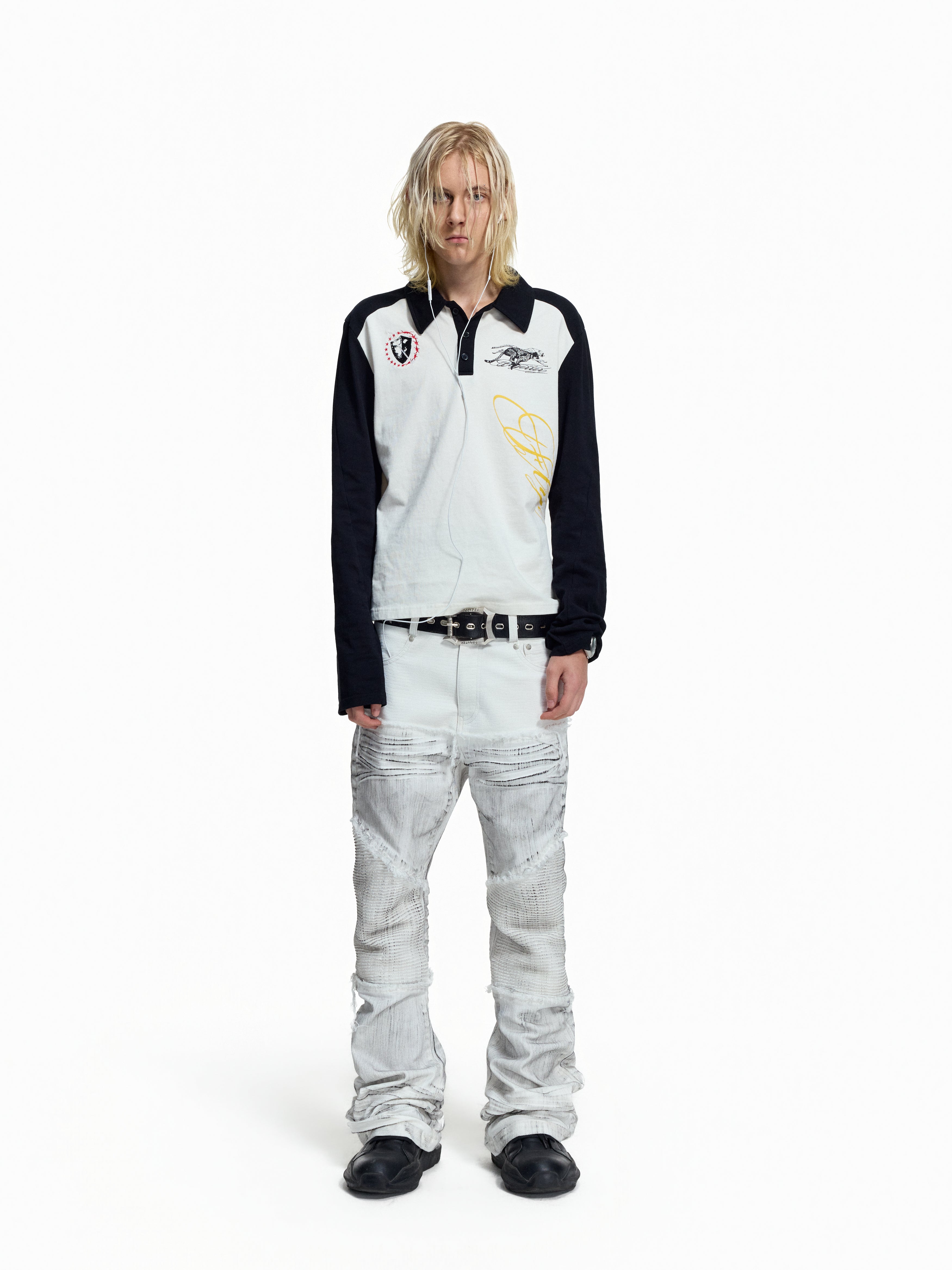 Flyerrer Cretaceous Patchwork‑Leather Vintage Stacked Jeans FR369