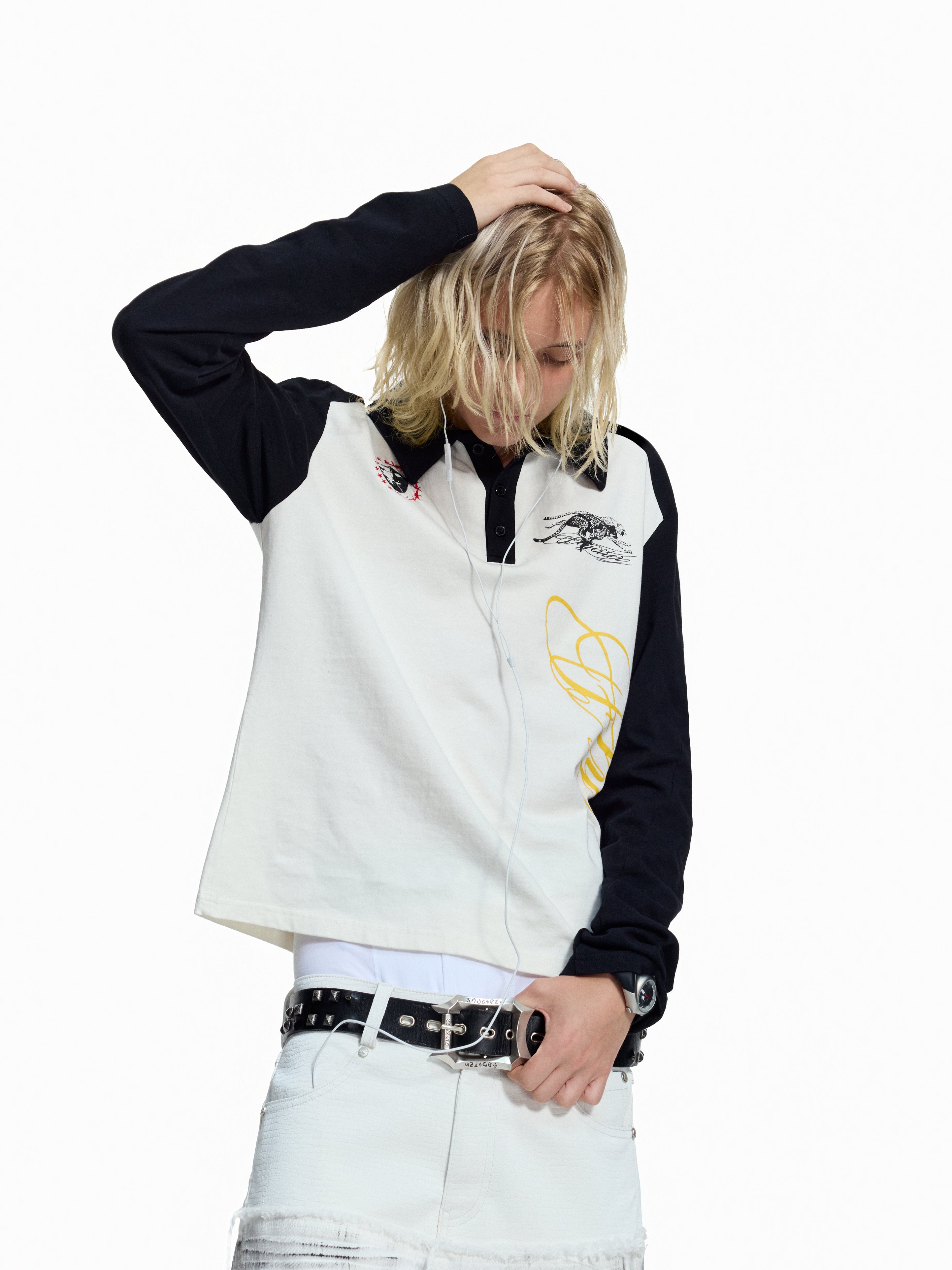 Flyerrer American‑Vintage Badge‑Print Cropped Raglan Polo FR380