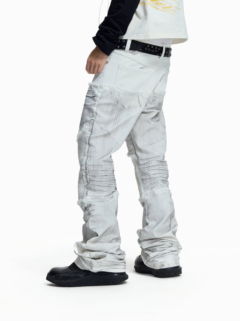 Flyerrer Cretaceous Patchwork‑Leather Vintage Stacked Jeans FR369
