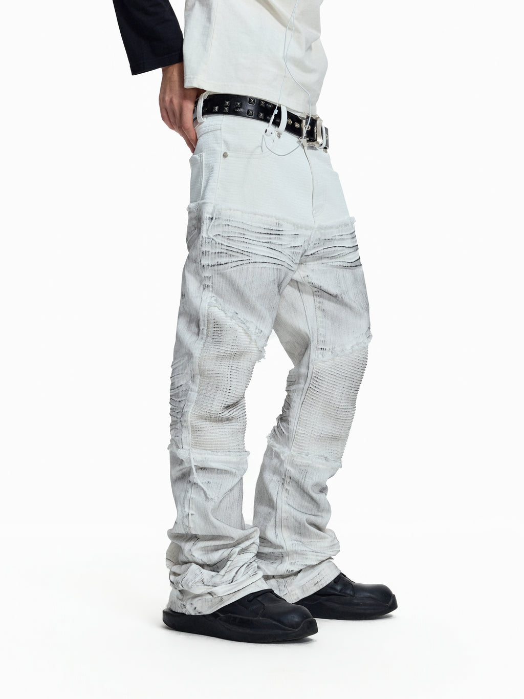 Flyerrer Cretaceous Patchwork‑Leather Vintage Stacked Jeans FR369
