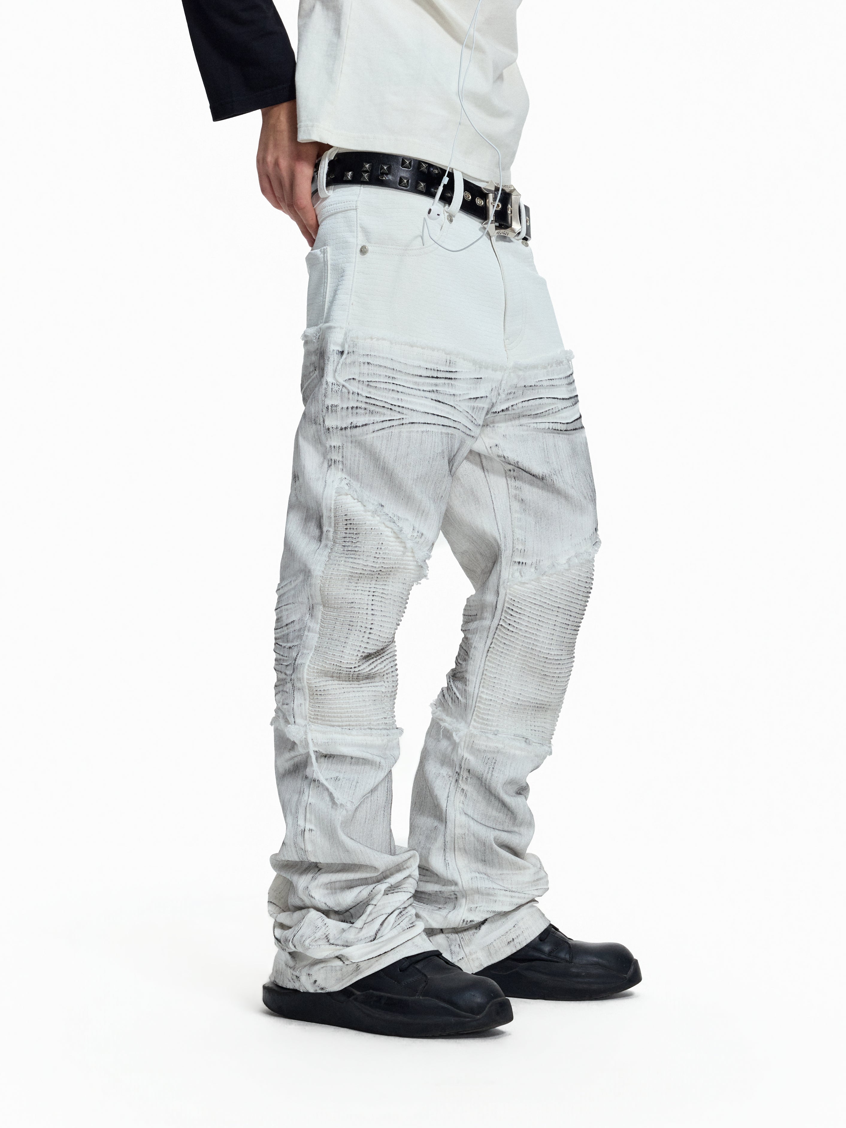 Flyerrer Cretaceous Patchwork‑Leather Vintage Stacked Jeans FR369