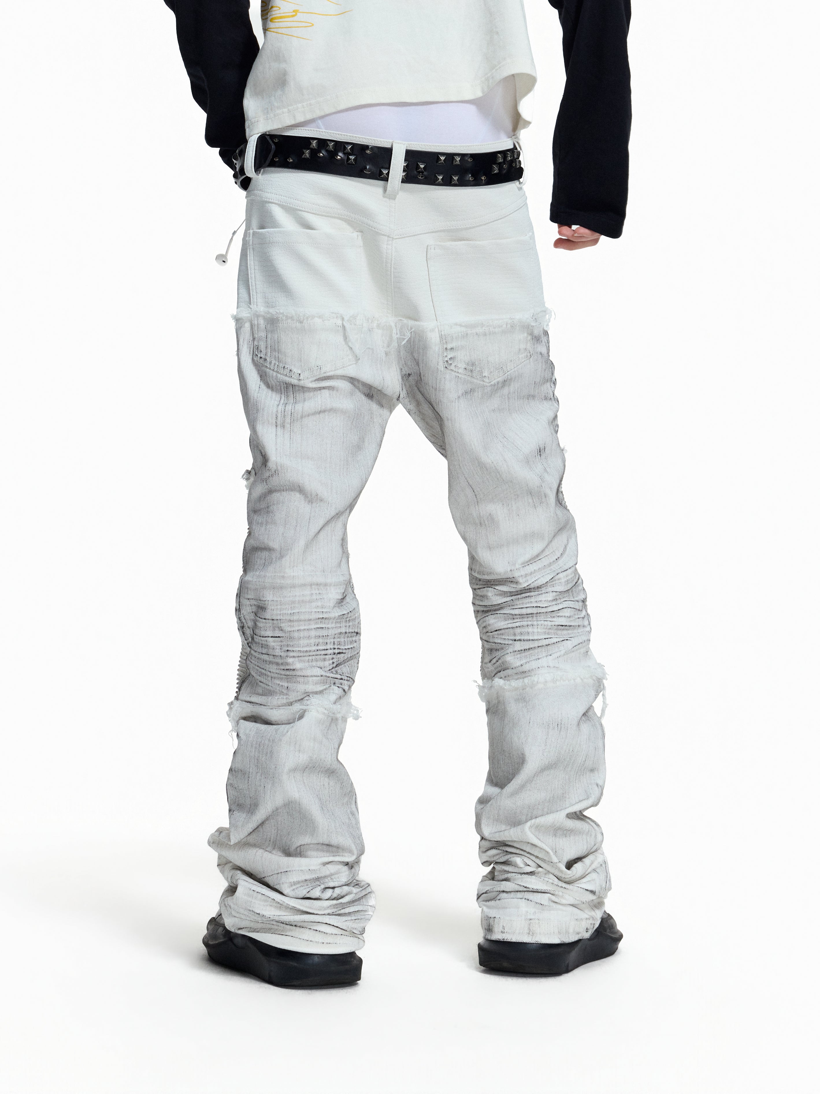 Flyerrer Cretaceous Patchwork‑Leather Vintage Stacked Jeans FR369