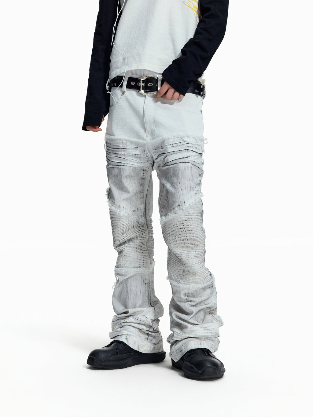 Flyerrer Cretaceous Patchwork‑Leather Vintage Stacked Jeans FR369