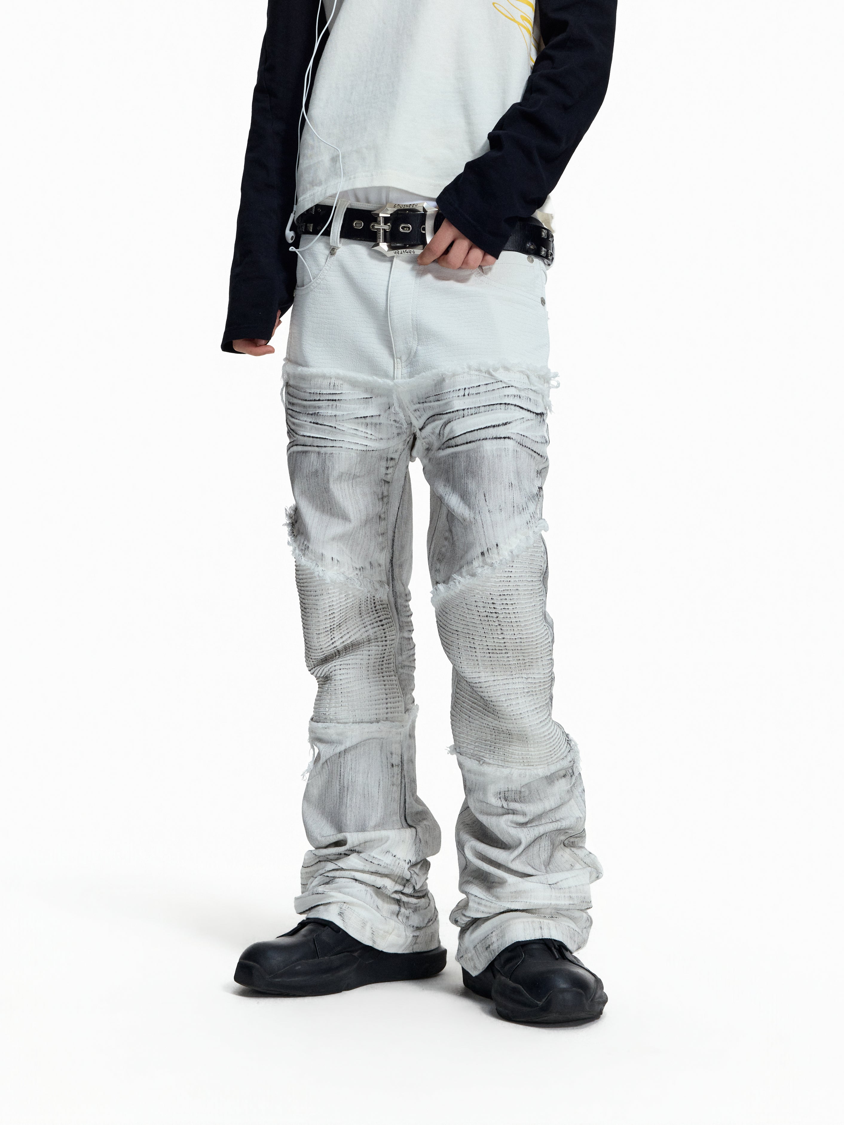 Flyerrer Cretaceous Patchwork‑Leather Vintage Stacked Jeans FR369