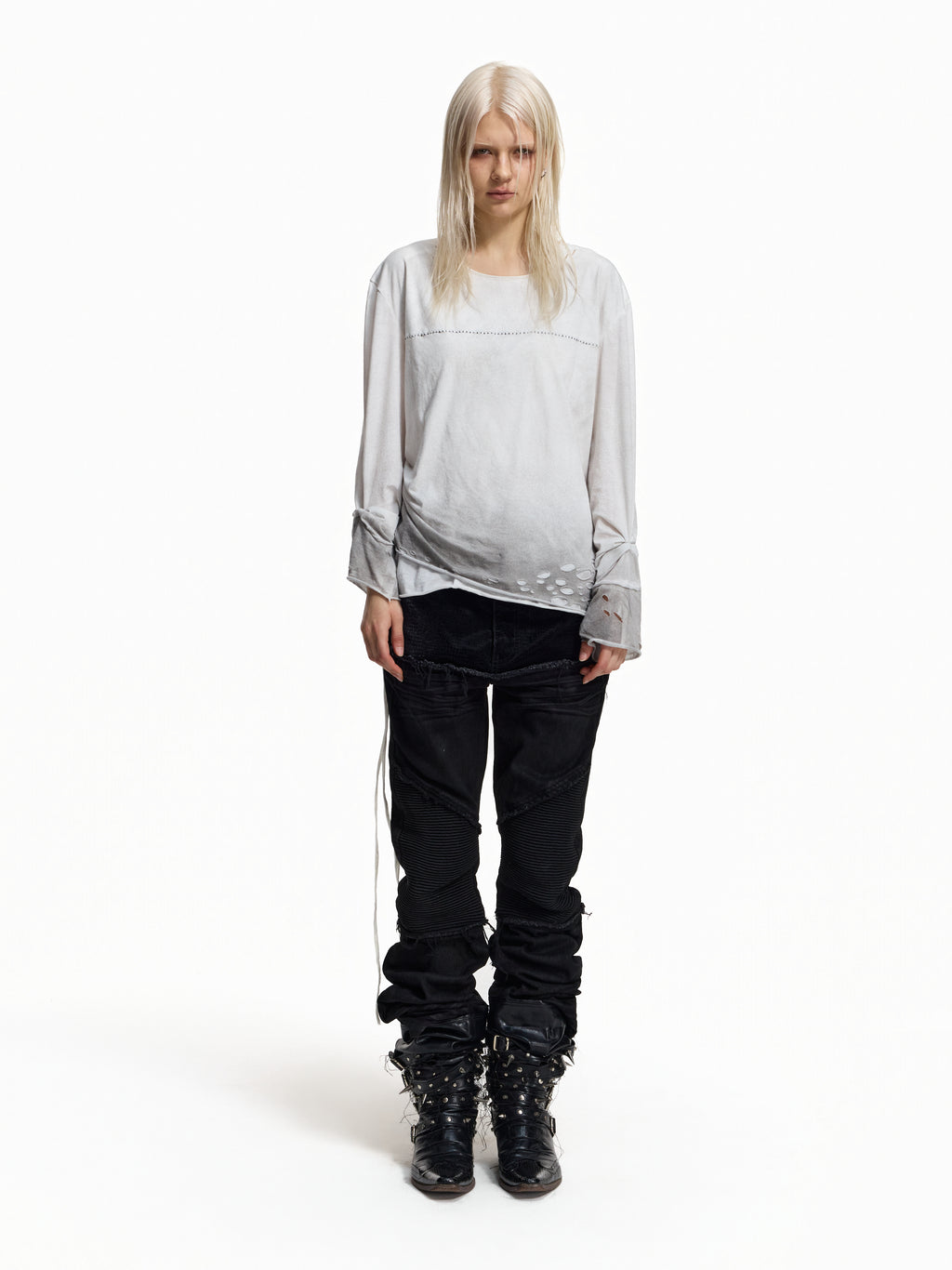 Flyerrer Cretaceous Patchwork‑Leather Vintage Stacked Jeans FR369