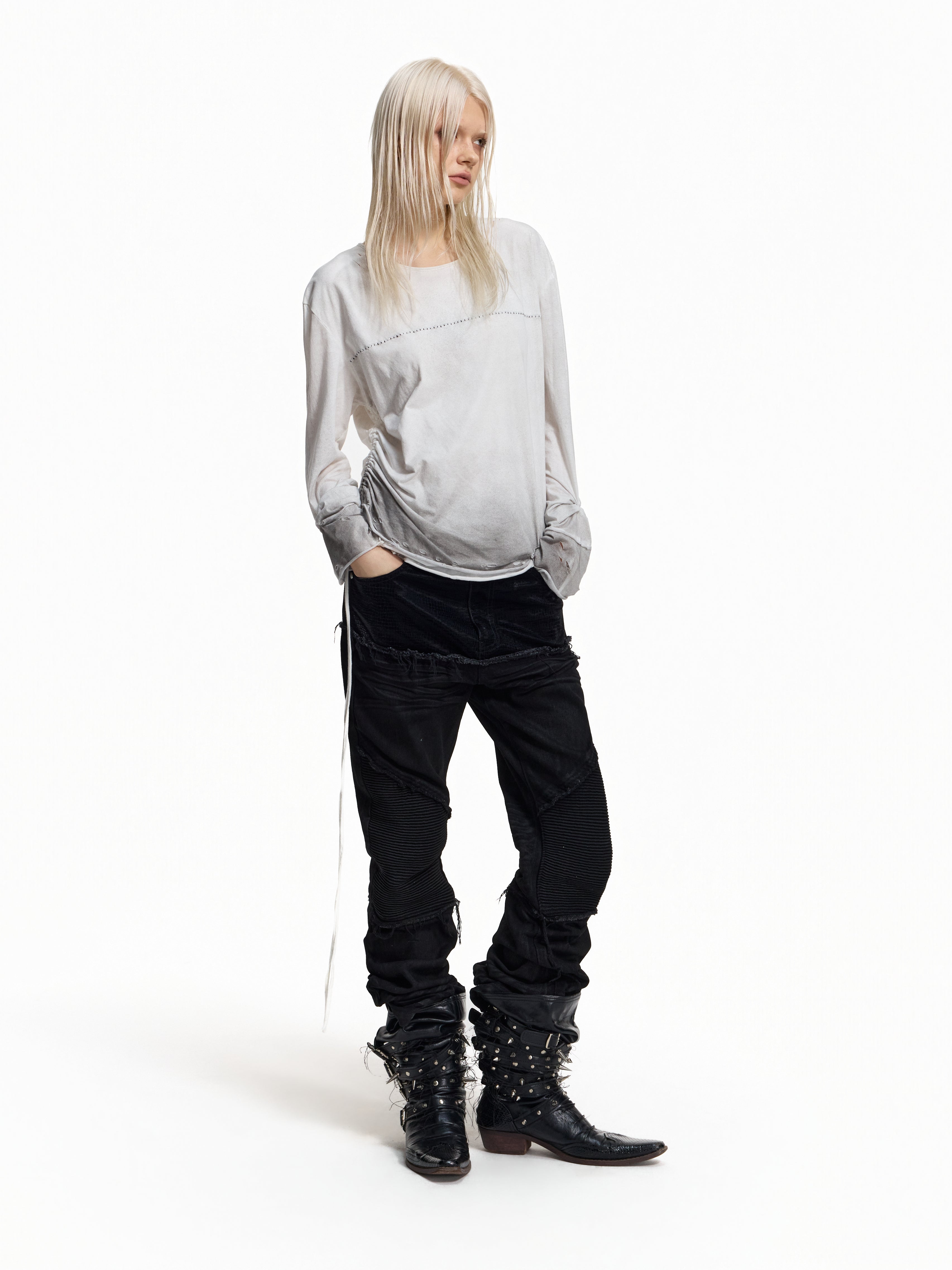 Flyerrer Distressed Ribbon Gradient Spray‑Paint Long‑Sleeve Top FR371