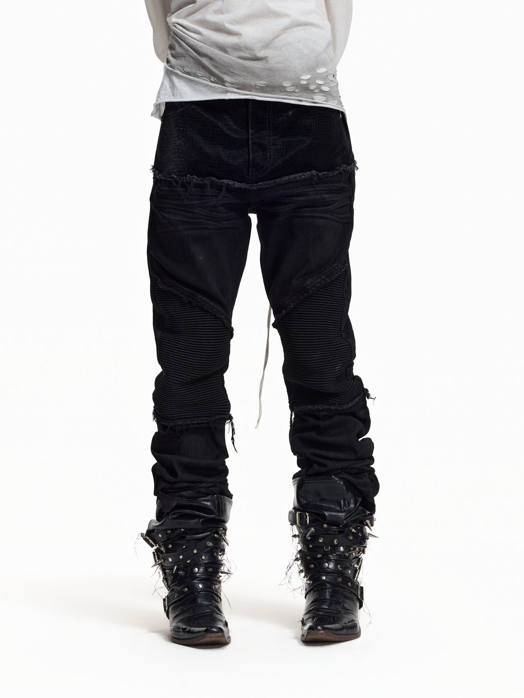 Flyerrer Cretaceous Patchwork‑Leather Vintage Stacked Jeans FR369