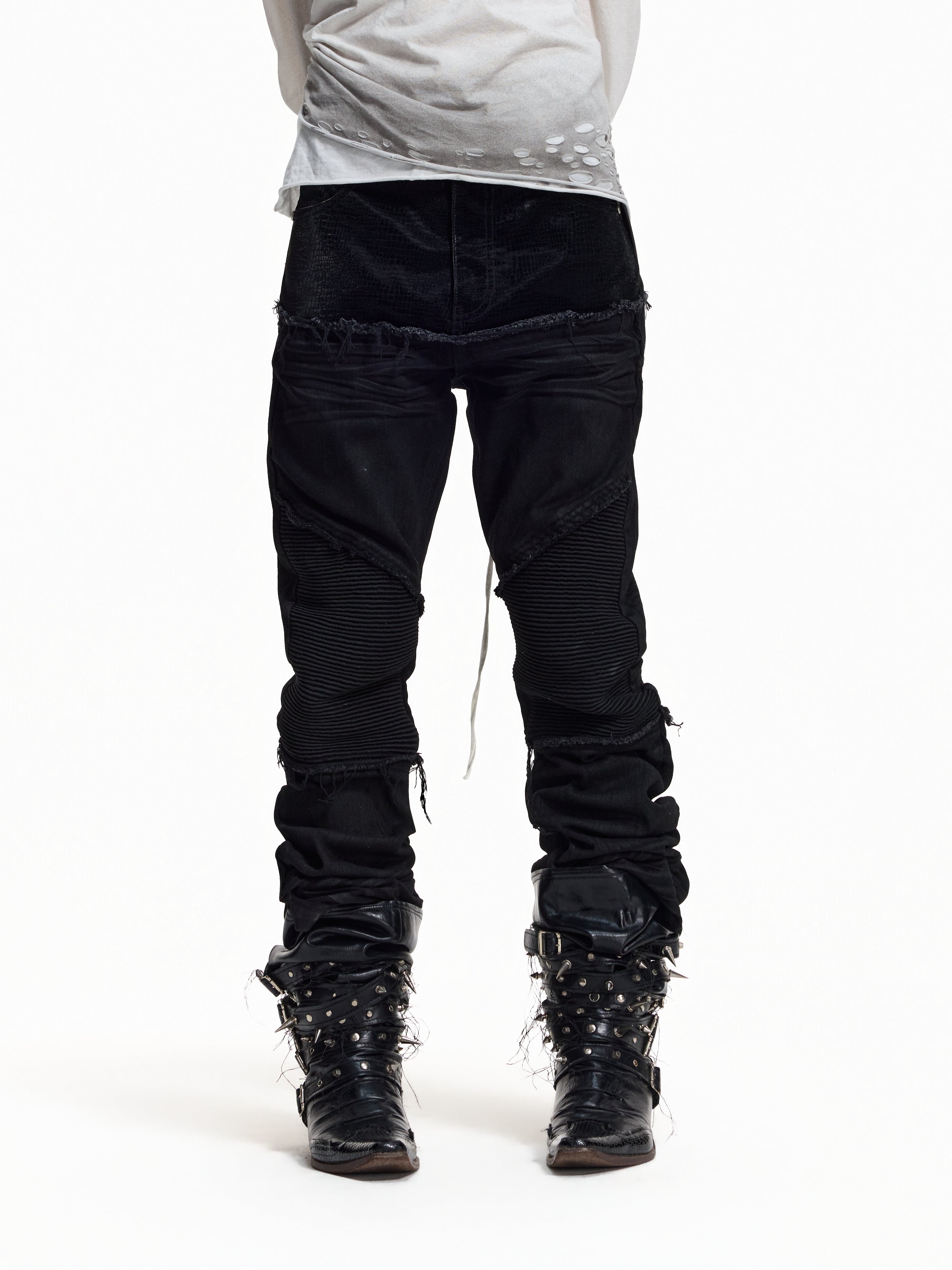 Flyerrer Cretaceous Patchwork‑Leather Vintage Stacked Jeans FR369