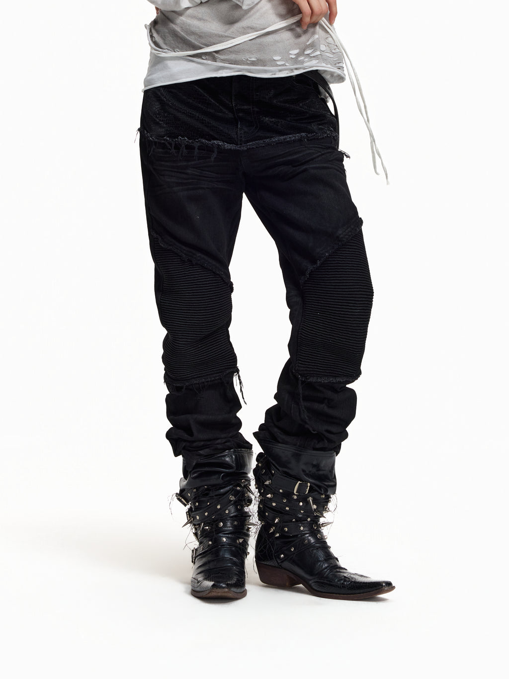 Flyerrer Cretaceous Patchwork‑Leather Vintage Stacked Jeans FR369