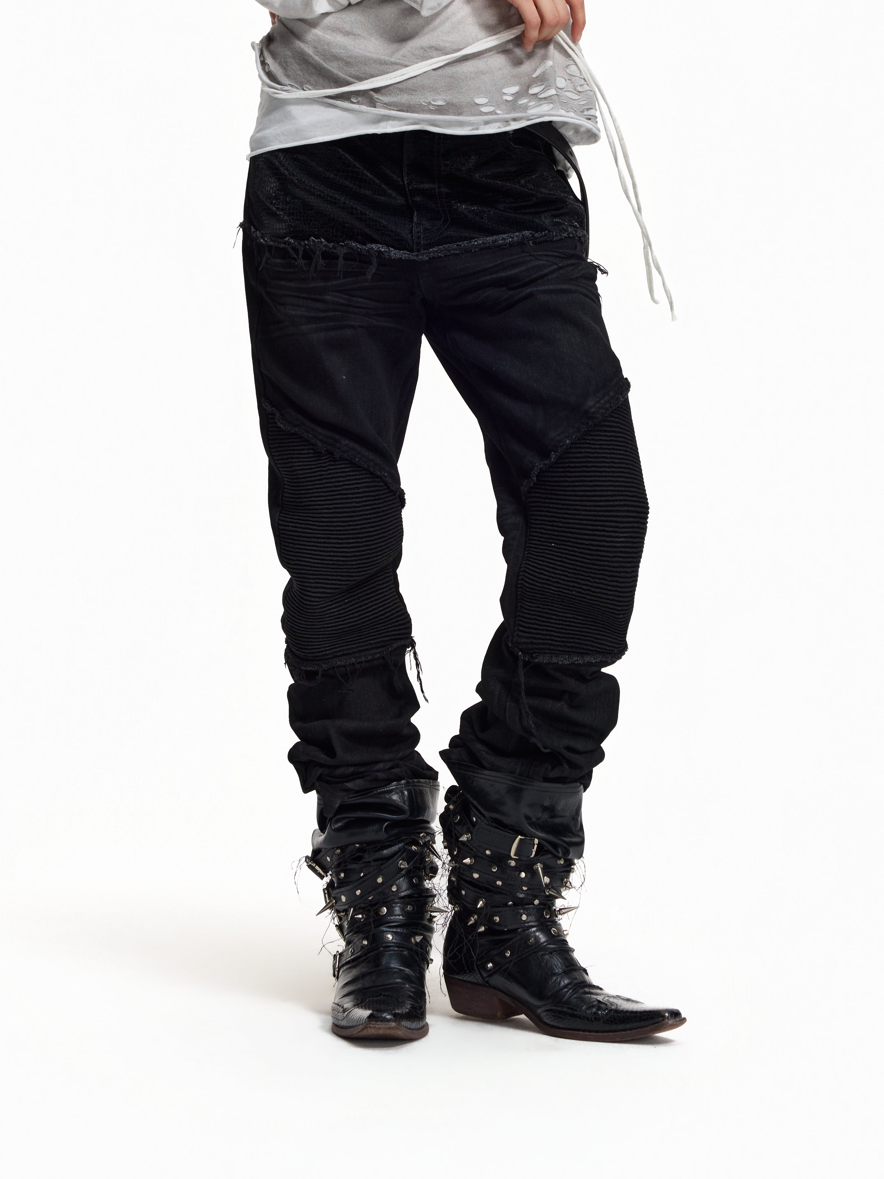 Flyerrer Cretaceous Patchwork‑Leather Vintage Stacked Jeans FR369