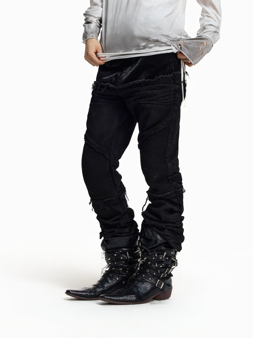 Flyerrer Cretaceous Patchwork‑Leather Vintage Stacked Jeans FR369