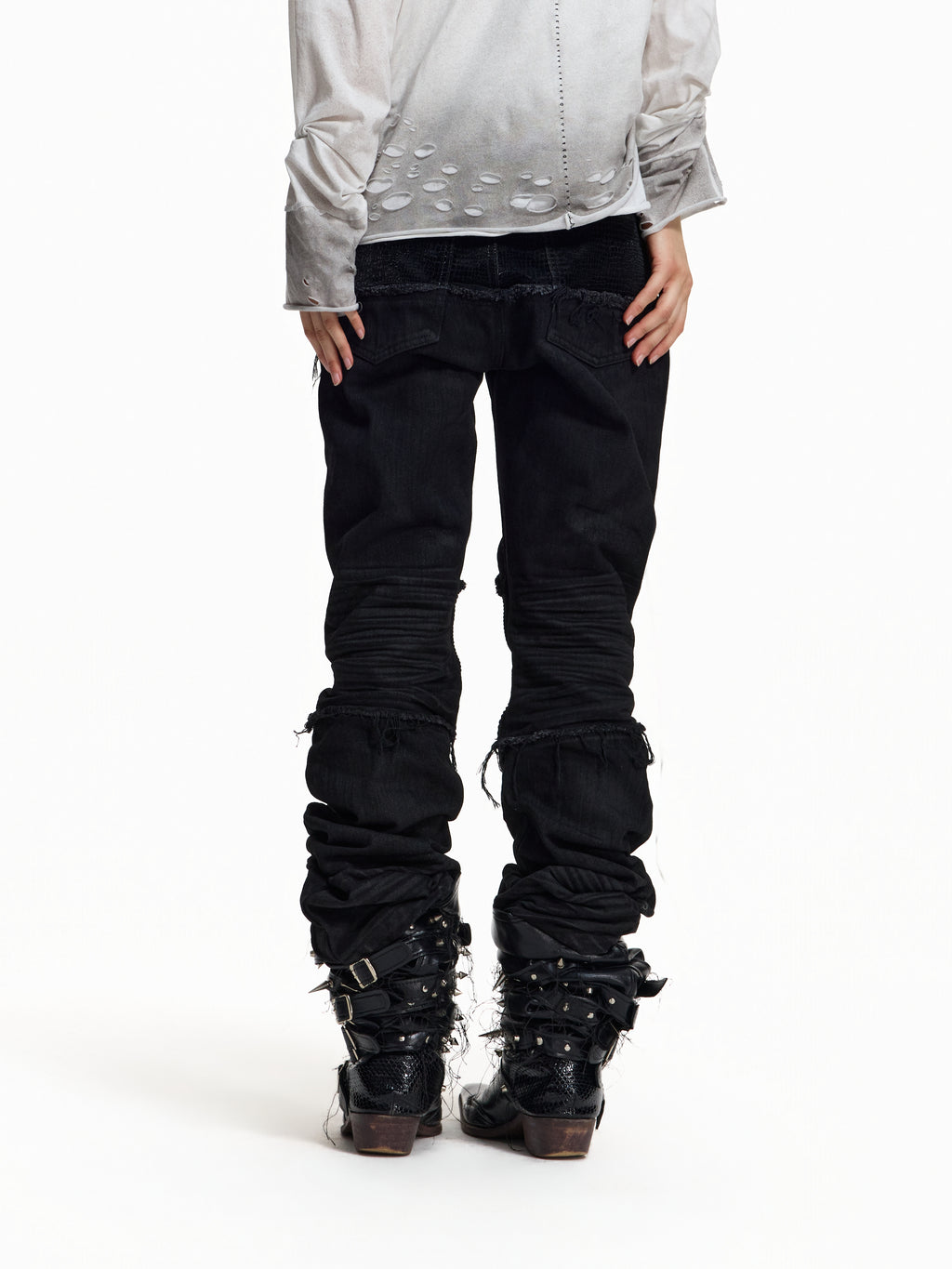 Flyerrer Cretaceous Patchwork‑Leather Vintage Stacked Jeans FR369