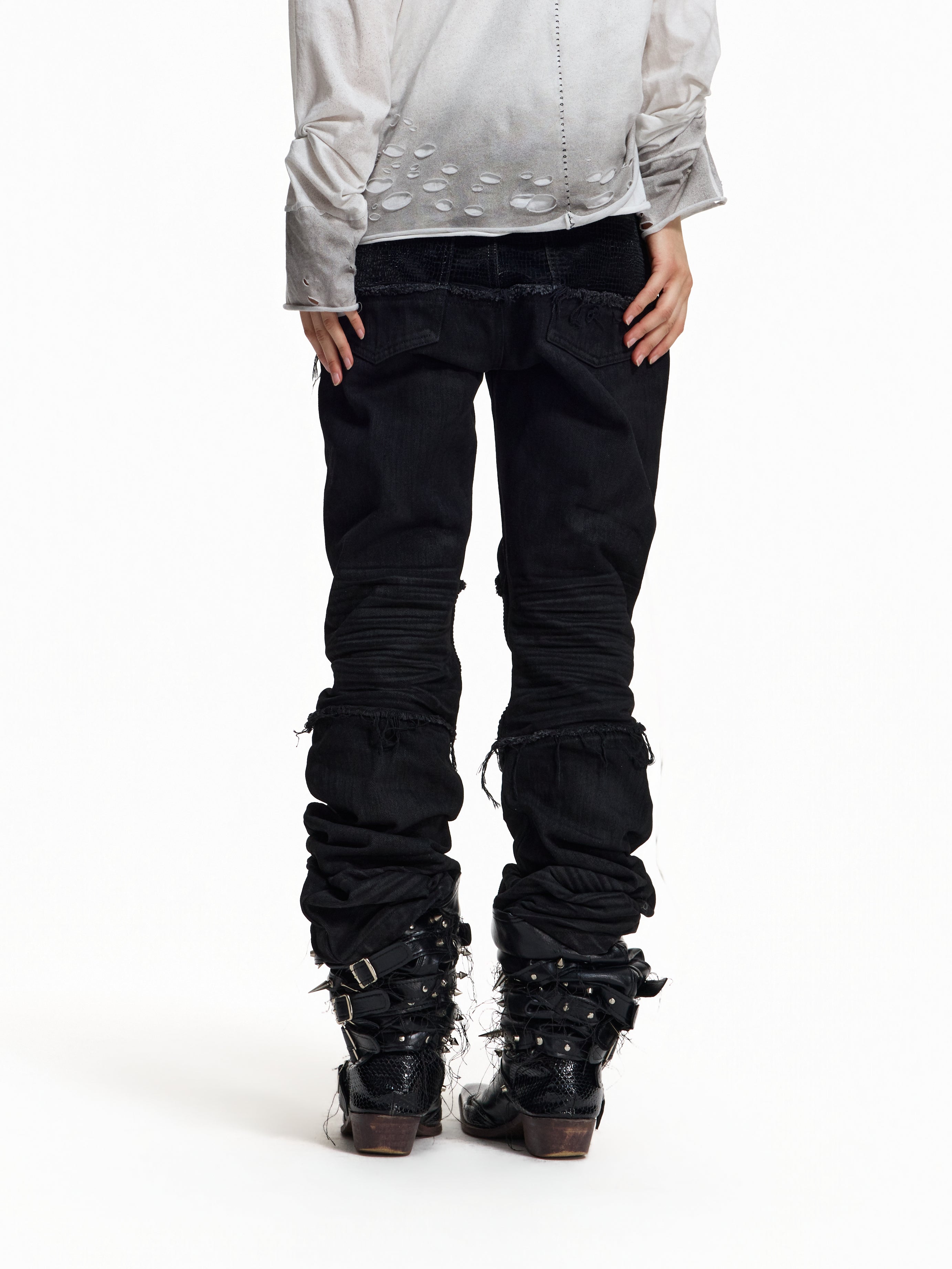 Flyerrer Cretaceous Patchwork‑Leather Vintage Stacked Jeans FR369