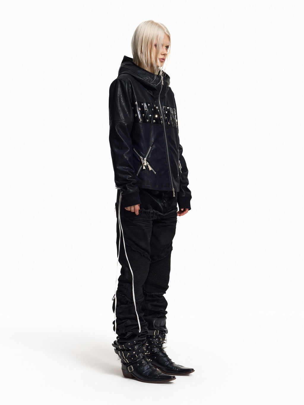 Flyerrer Punk Studded Patchwork Hooded Faux‑Leather Jacket FR382